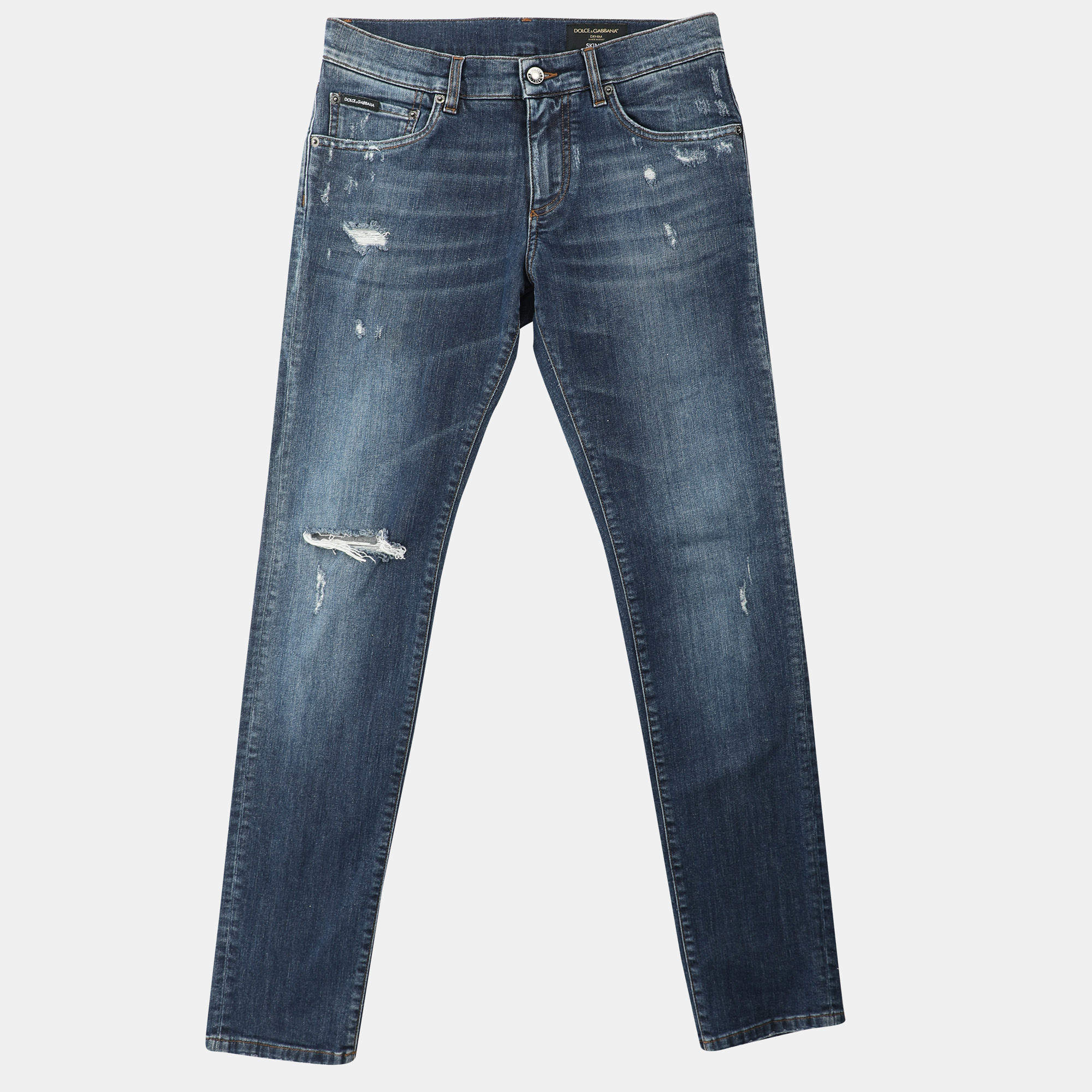 Pre Owned Dolce & Gabbana Blue Denim Skinny Ripped Jeans XS