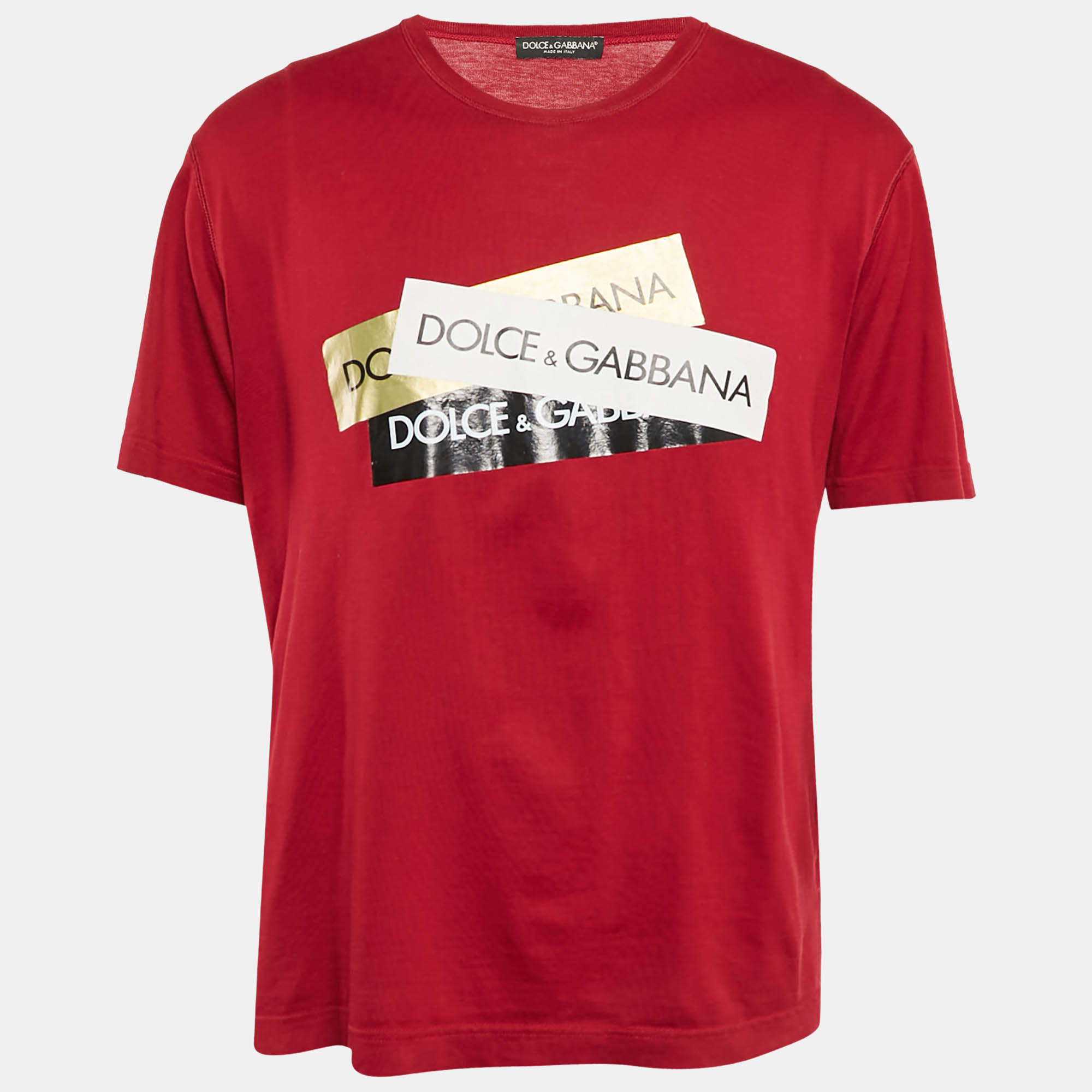 Pre Owned Dolce & Gabbana Dark Red Logo Print Cotton T-Shirt S