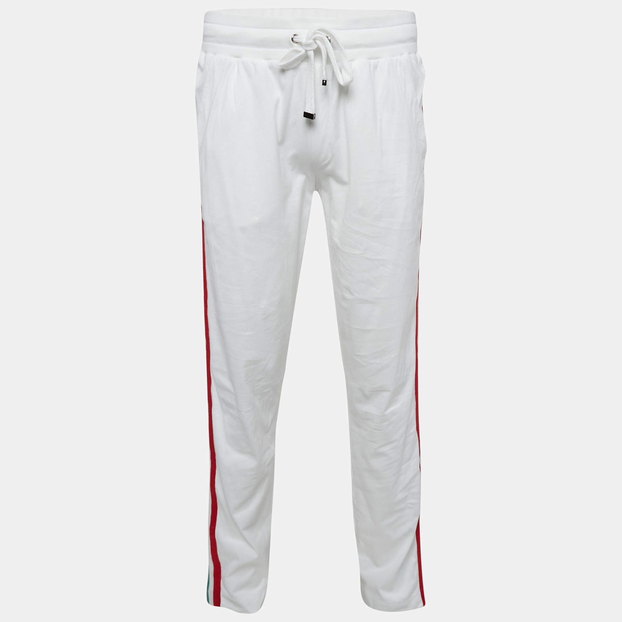 Pre Owned Dolce & Gabbana White Logo Plaque Jersey Side Strip Detail Pants L