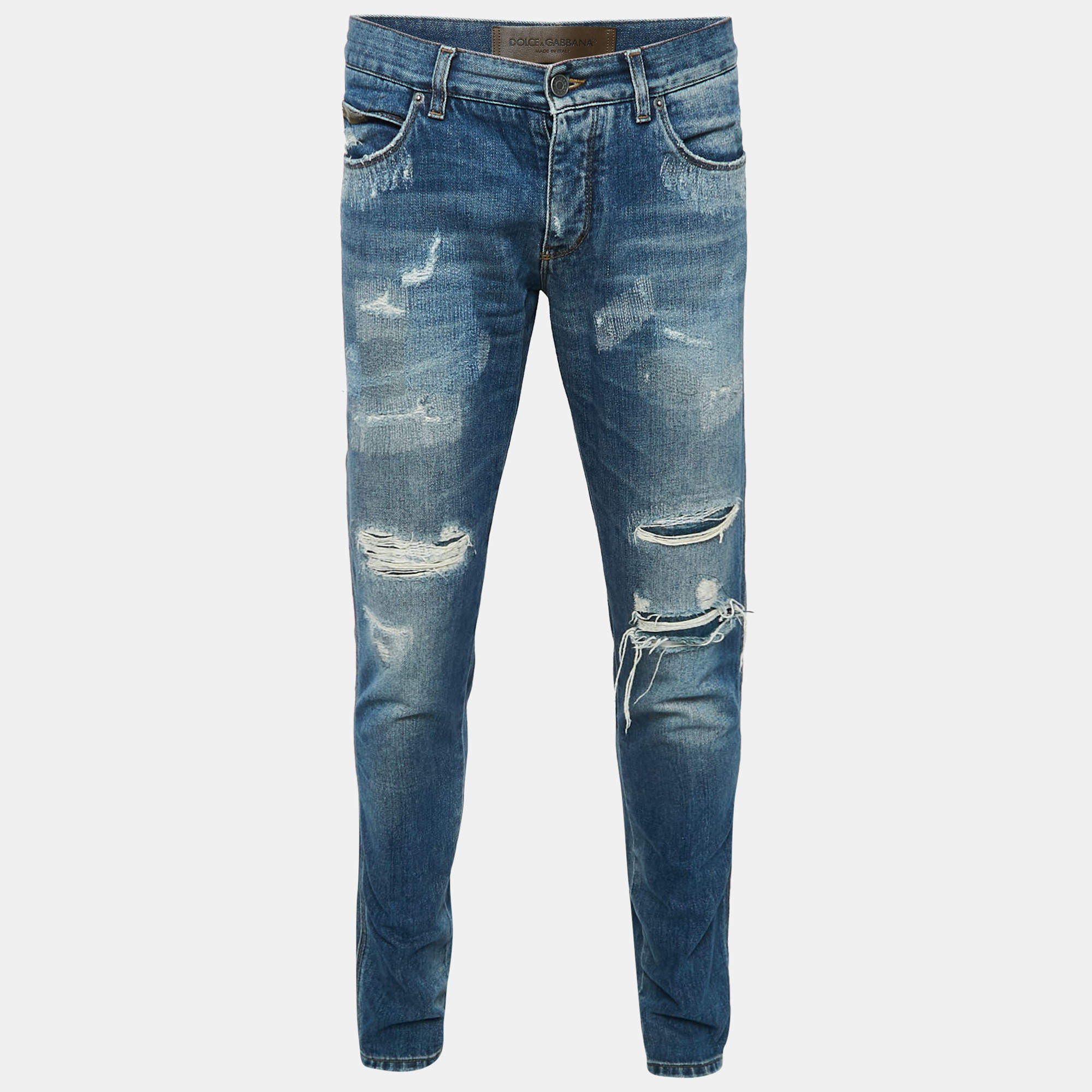 Pre Owned Dolce & Gabbana Navy Blue Angel Applique Denim Ripped Jeans M Waist 34"