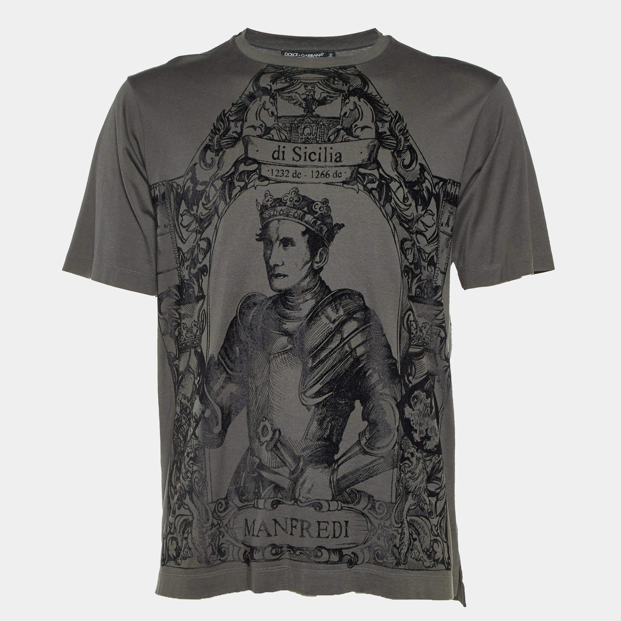 Pre Owned Dolce & Gabbana Charcoal Grey Flock Print Cotton T-Shirt L