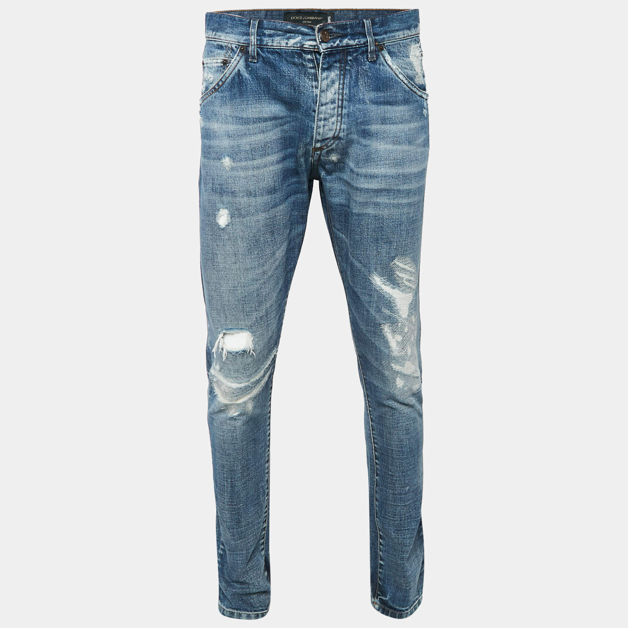 Pre Owned Dolce & Gabbana Blue Faded Denim Distressed Jeans M Waist 34"