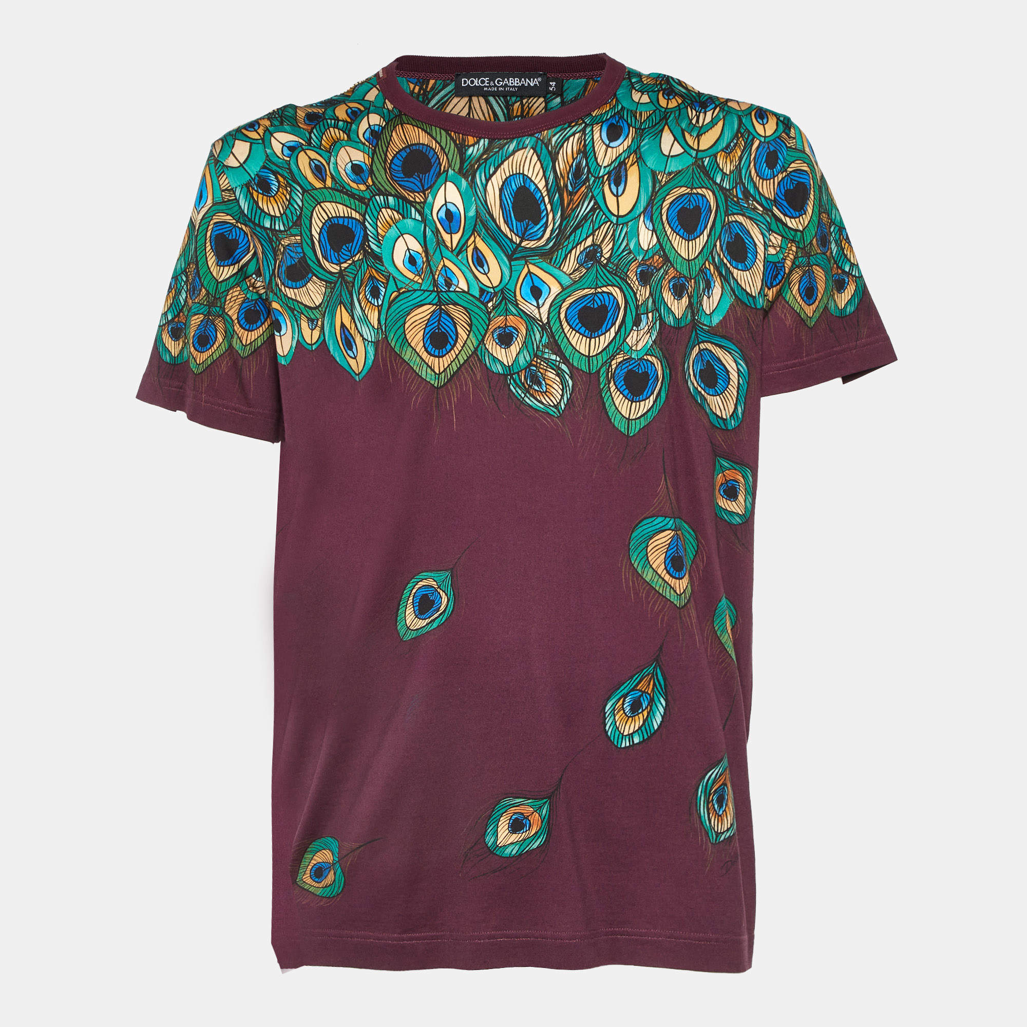 Pre Owned Dolce & Gabbana Burgundy Peacock Feather Print Cotton T-Shirt XXL