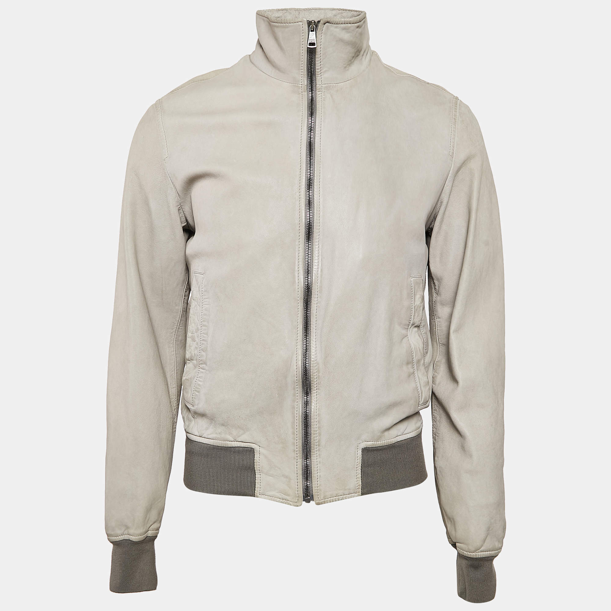 Pre Owned Dolce & Gabbana Green Leather Zip-Up Bomber Jacket L