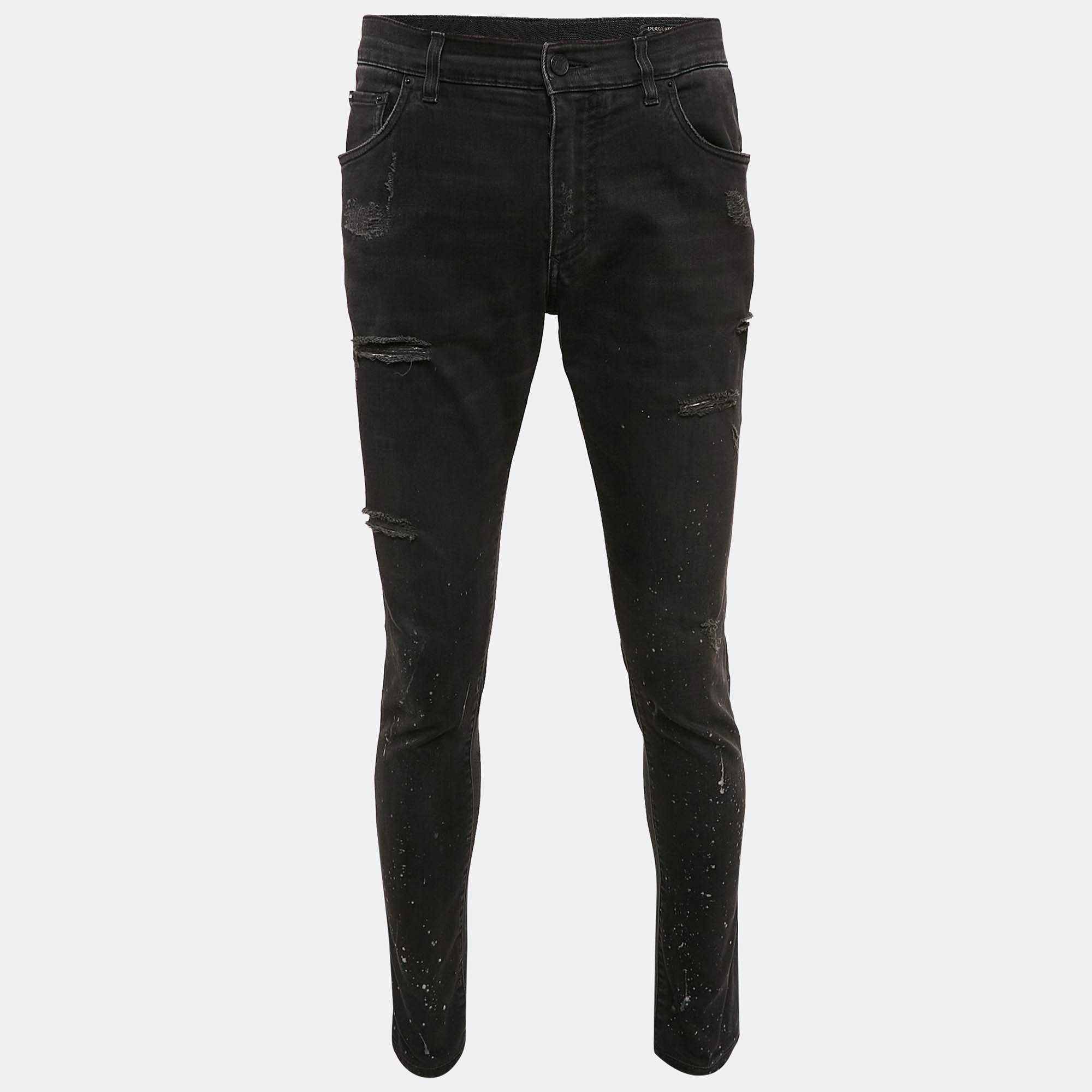 Pre Owned Dolce & Gabbana Black Paint Splashed Denim Ripped Slim Jeans L Waist 33"