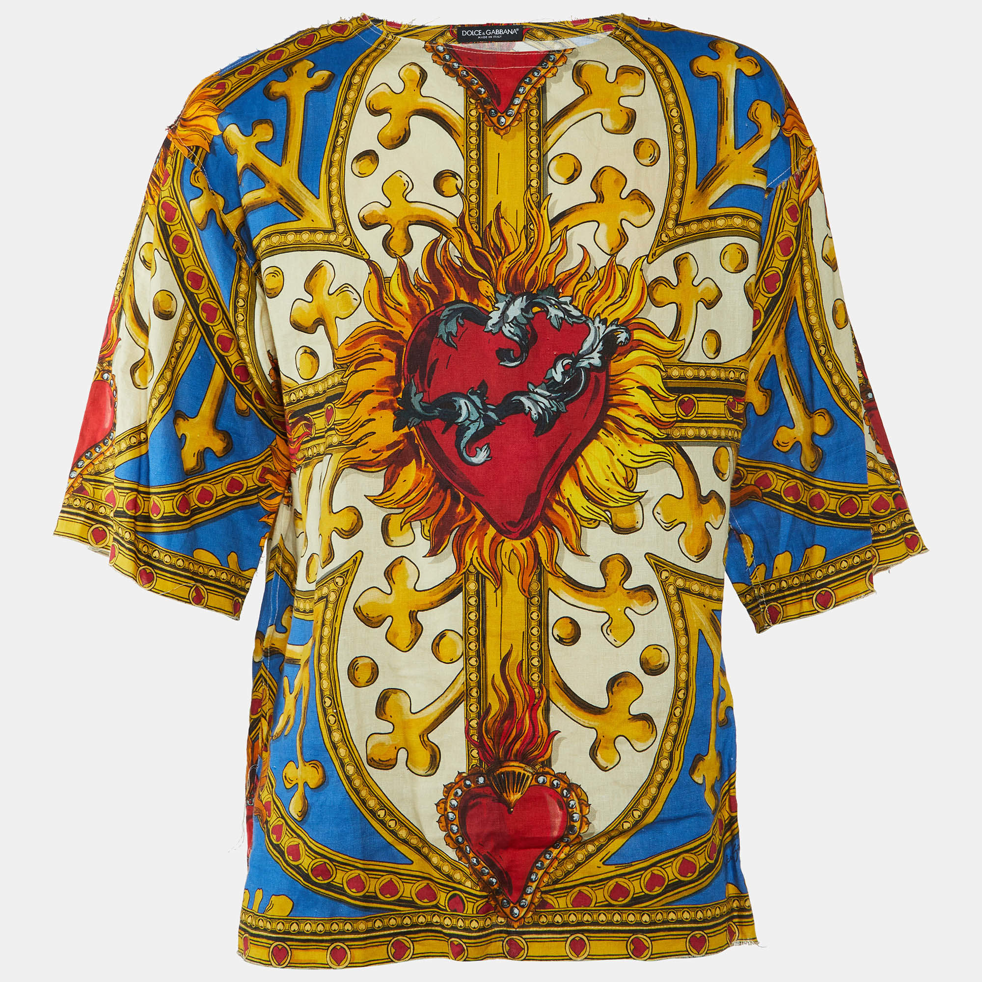 Pre Owned Dolce & Gabbana Multicolor Sacred Heart Print Linen & Cotton Oversized T-Shirt L