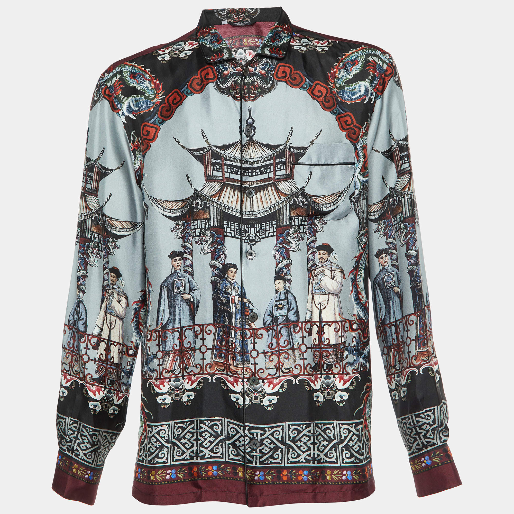 Pre Owned Dolce & Gabbana Grey Chinese Temple Print Silk Vanity Shirt L