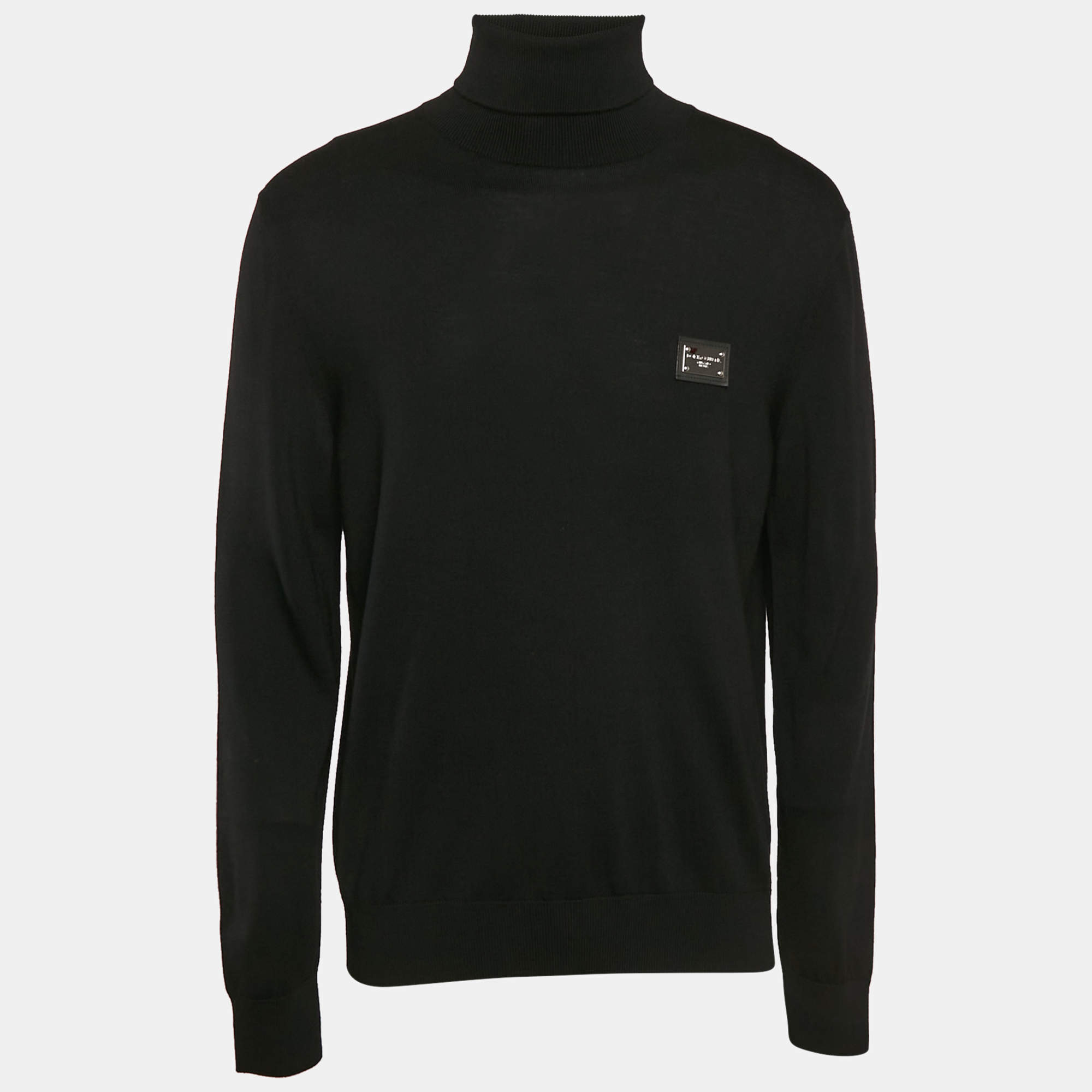 Pre Owned Dolce & Gabbana Black Logo Plaque Wool Knit Turtleneck Sweater XL