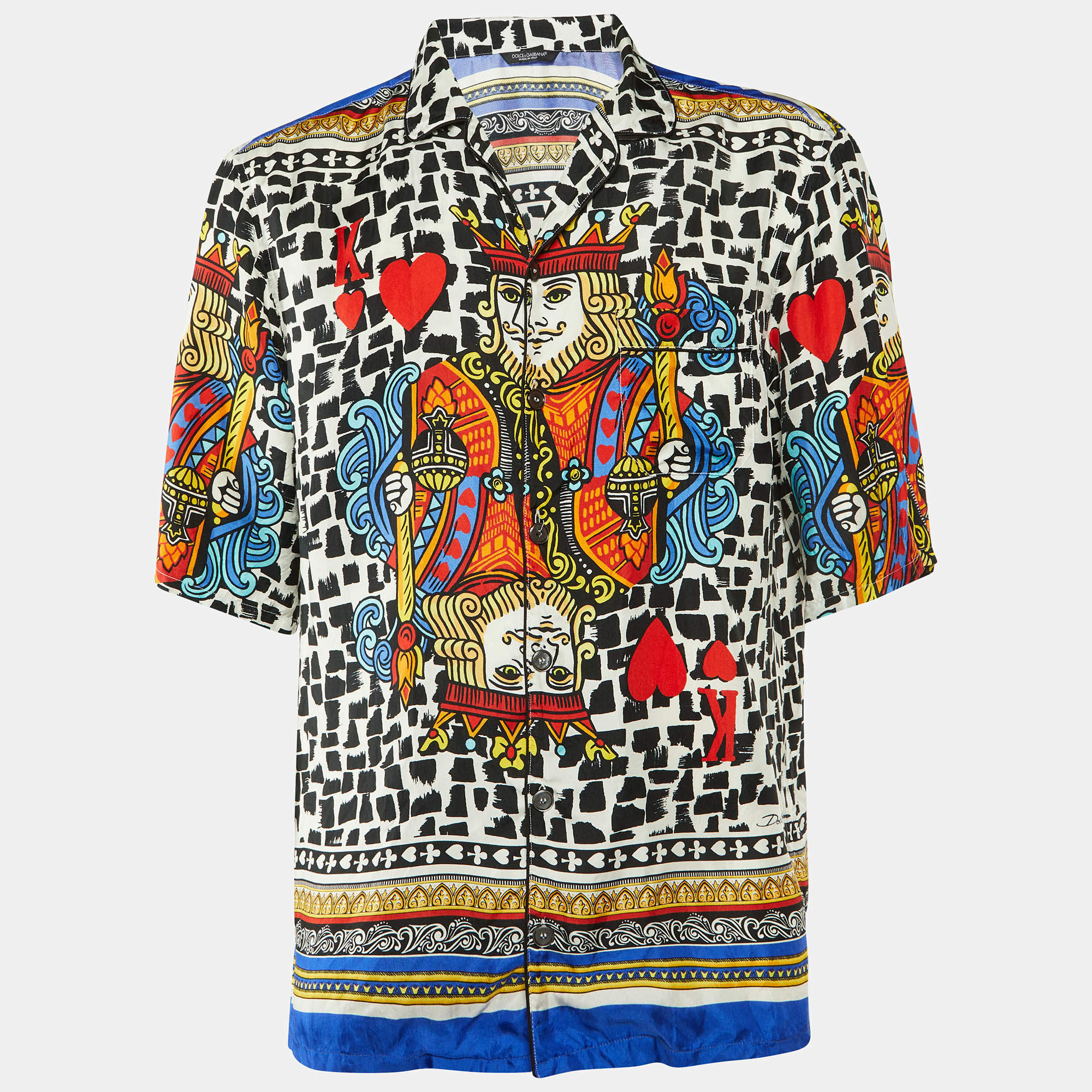 مملوكة مسبقًا Dolce & Gabbana Multicolor King of Hearts Print Silk Short Sleeve Shirt L