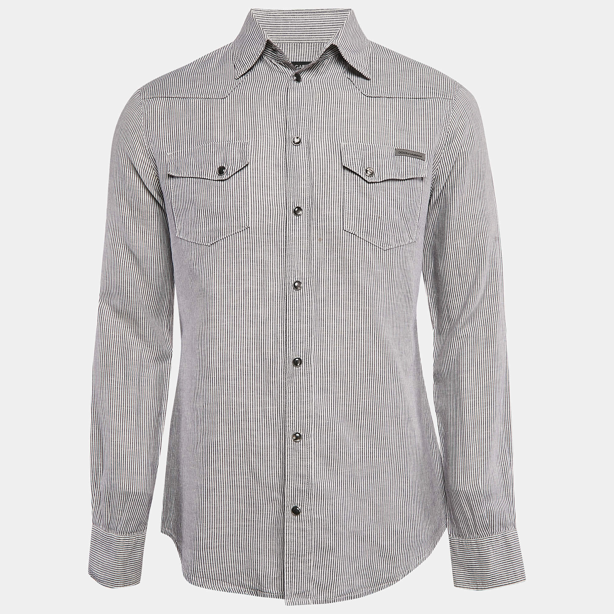 Dolce & Gabbana Grey Stripe Cotton Button Front Shirt M