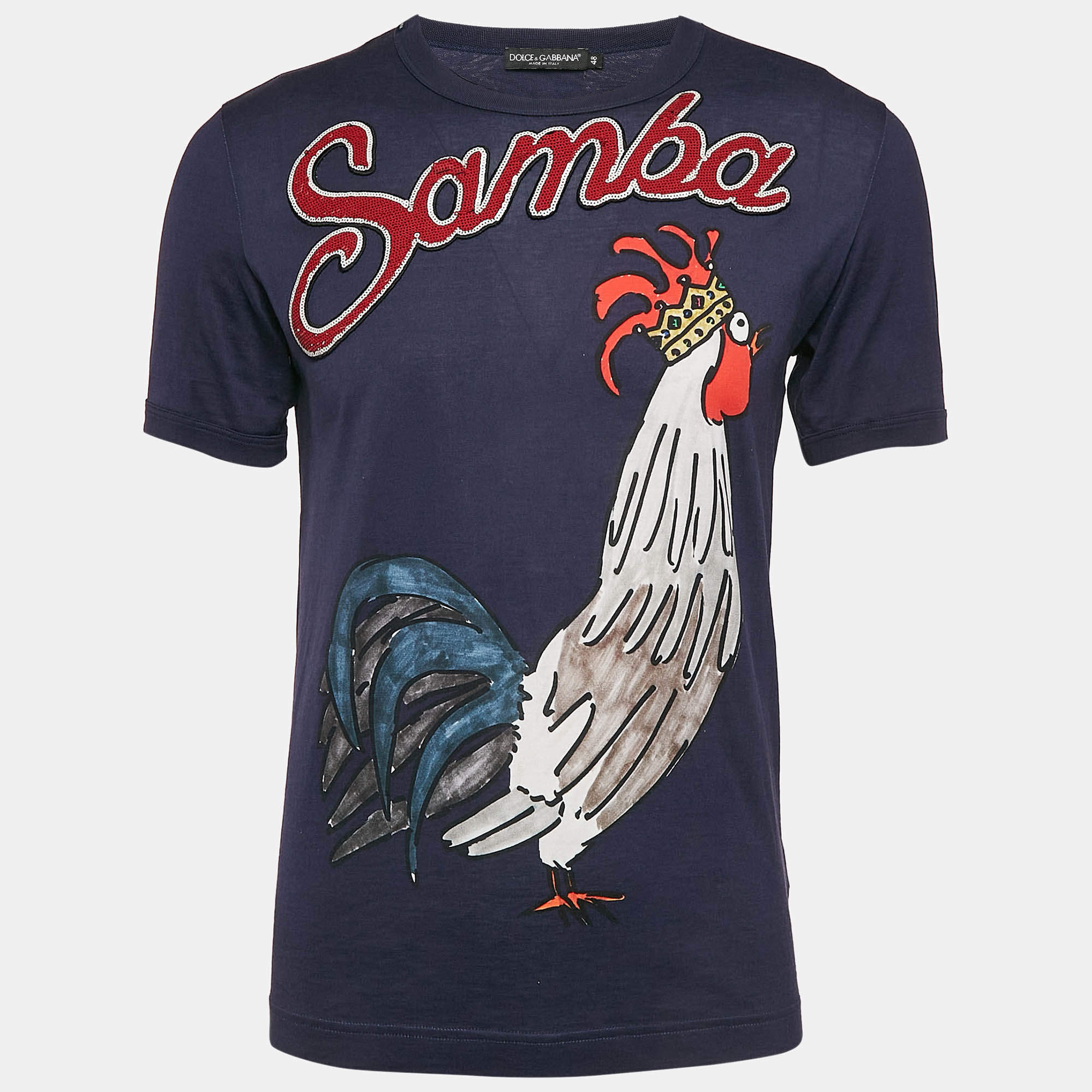 Pre Owned Dolce & Gabbana Navy Blue Rooster Print and Embellished Cotton T-Shirt M