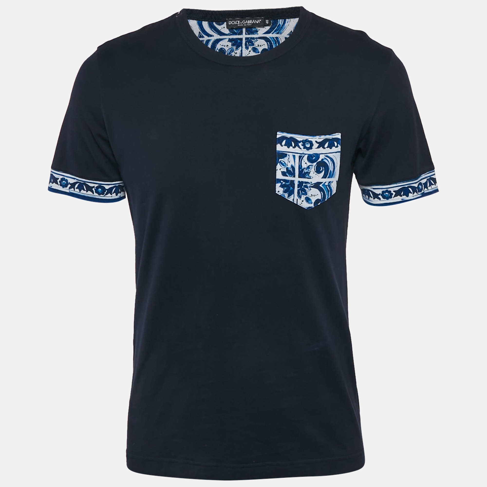Pre Owned Dolce & Gabbana Navy Blue Cotton Contrast Print Detail T-Shirt M