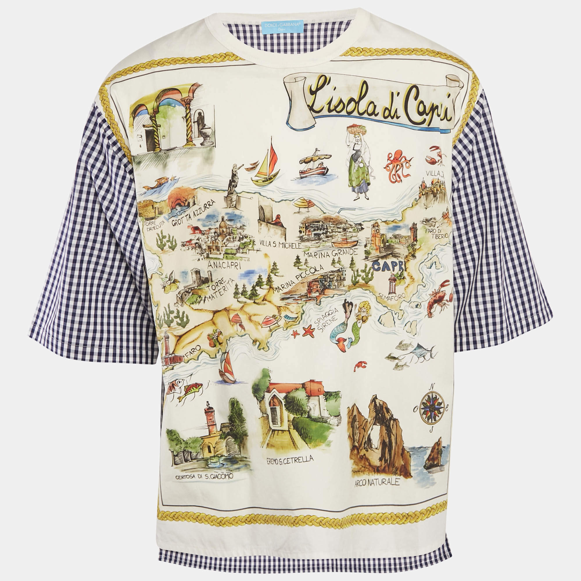 Pre Owned Dolce & Gabbana Capri Multicolor Printed Cotton and Gingham T-Shirt M