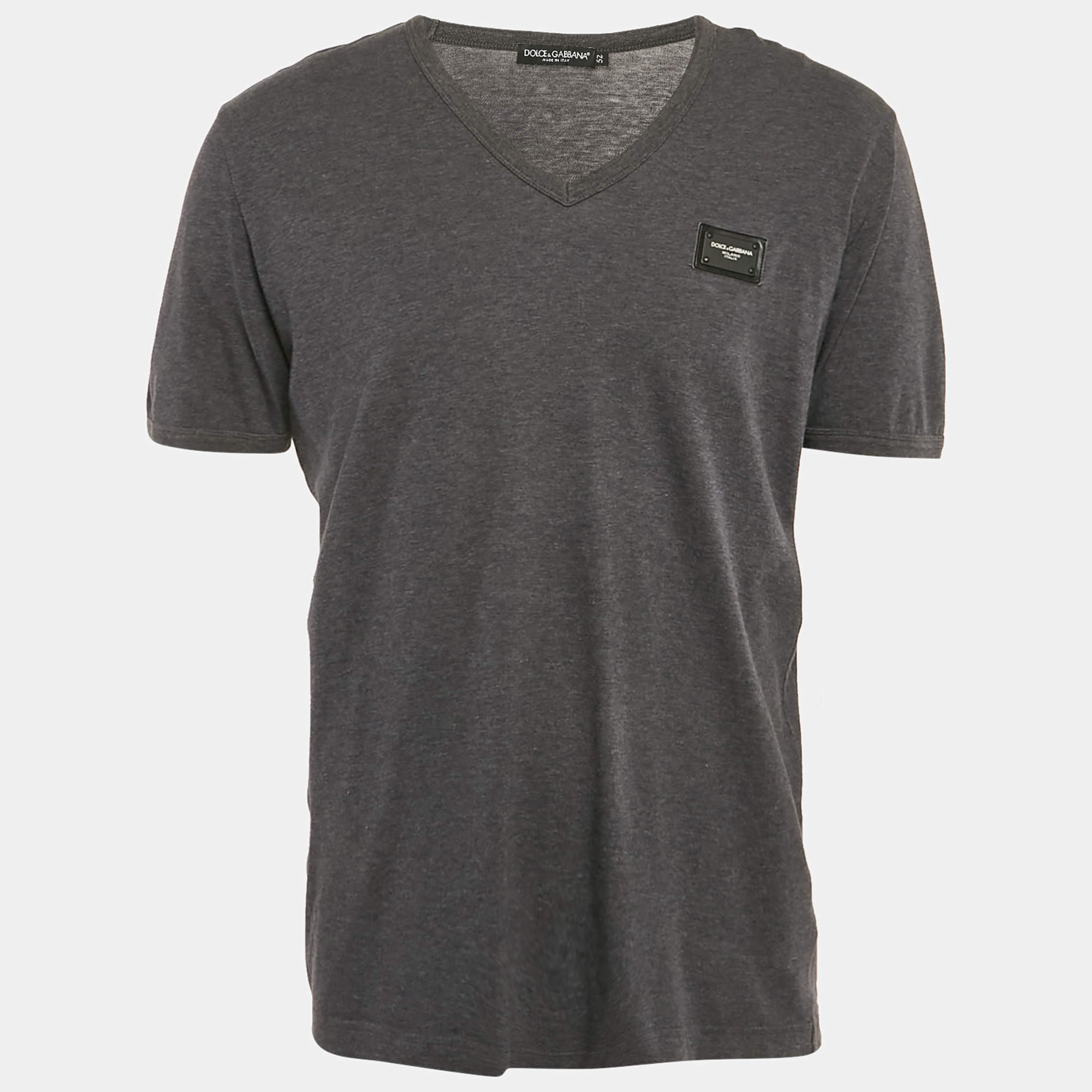 Pre Owned Dolce & Gabbana Grey Logo Plaque Jersey V-Neck T-Shirt XL