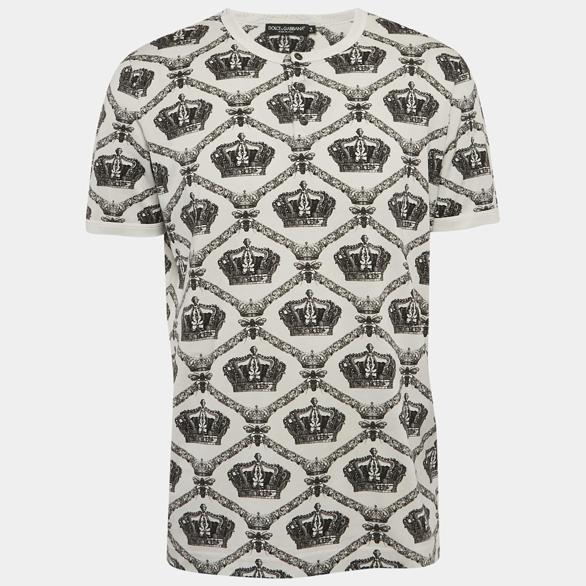 Pre Owned Dolce & Gabbana White Printed Cotton Knit Henley T-Shirt XXL