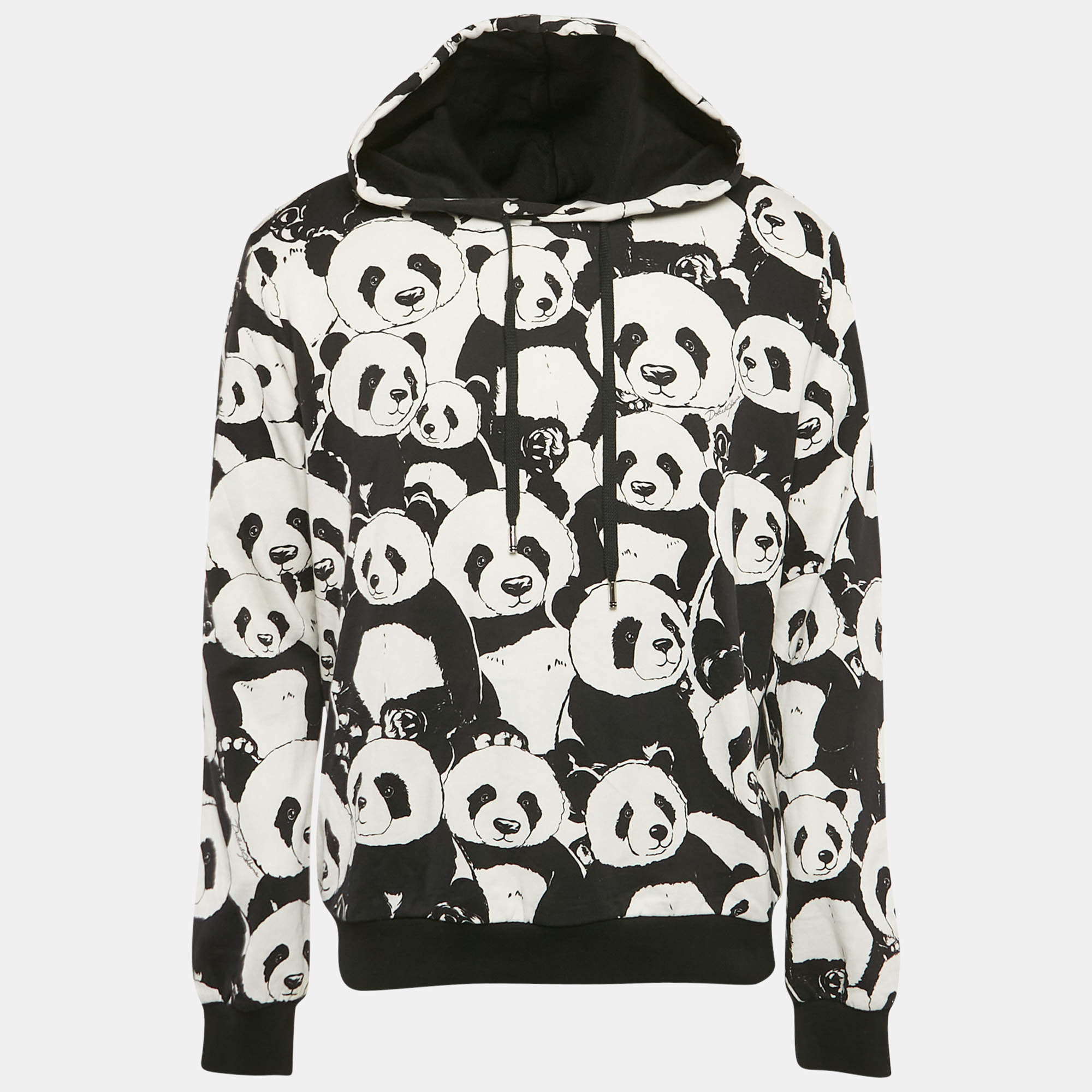 Pre Owned Dolce & Gabbana Black/White Pandas Print Cotton Knit Hooded Sweatshirt XXL