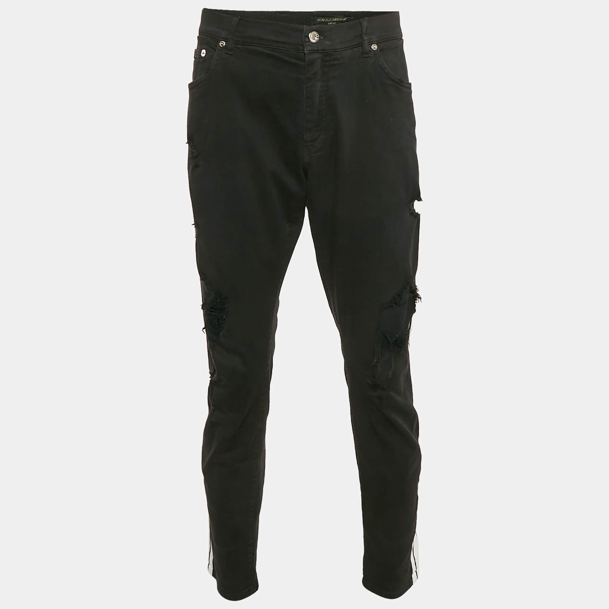 Pre Owned Dolce & Gabbana Black Side Stripe Denim Ripped Skinny Jeans Waist 38"
