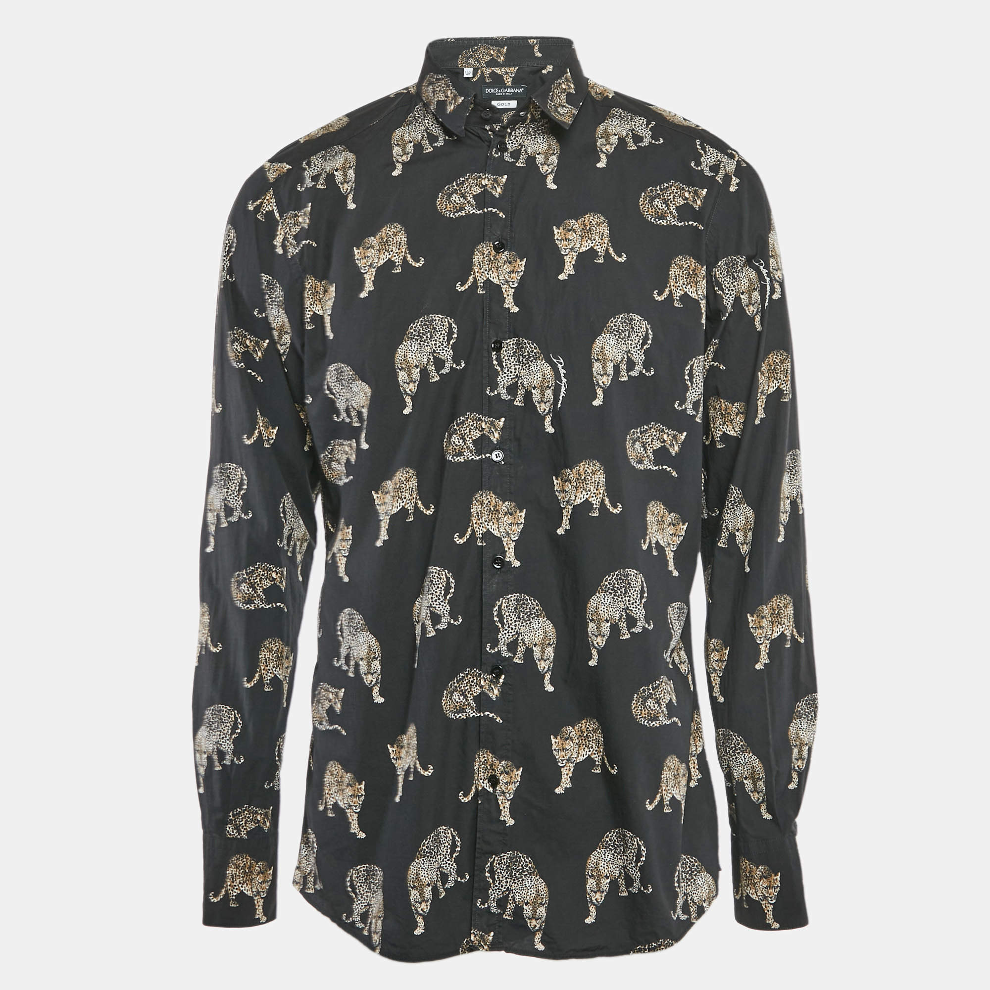 مملوكة مسبقًا Dolce & Gabbana Gold Black Animal Print Cotton Button Front Shirt XL