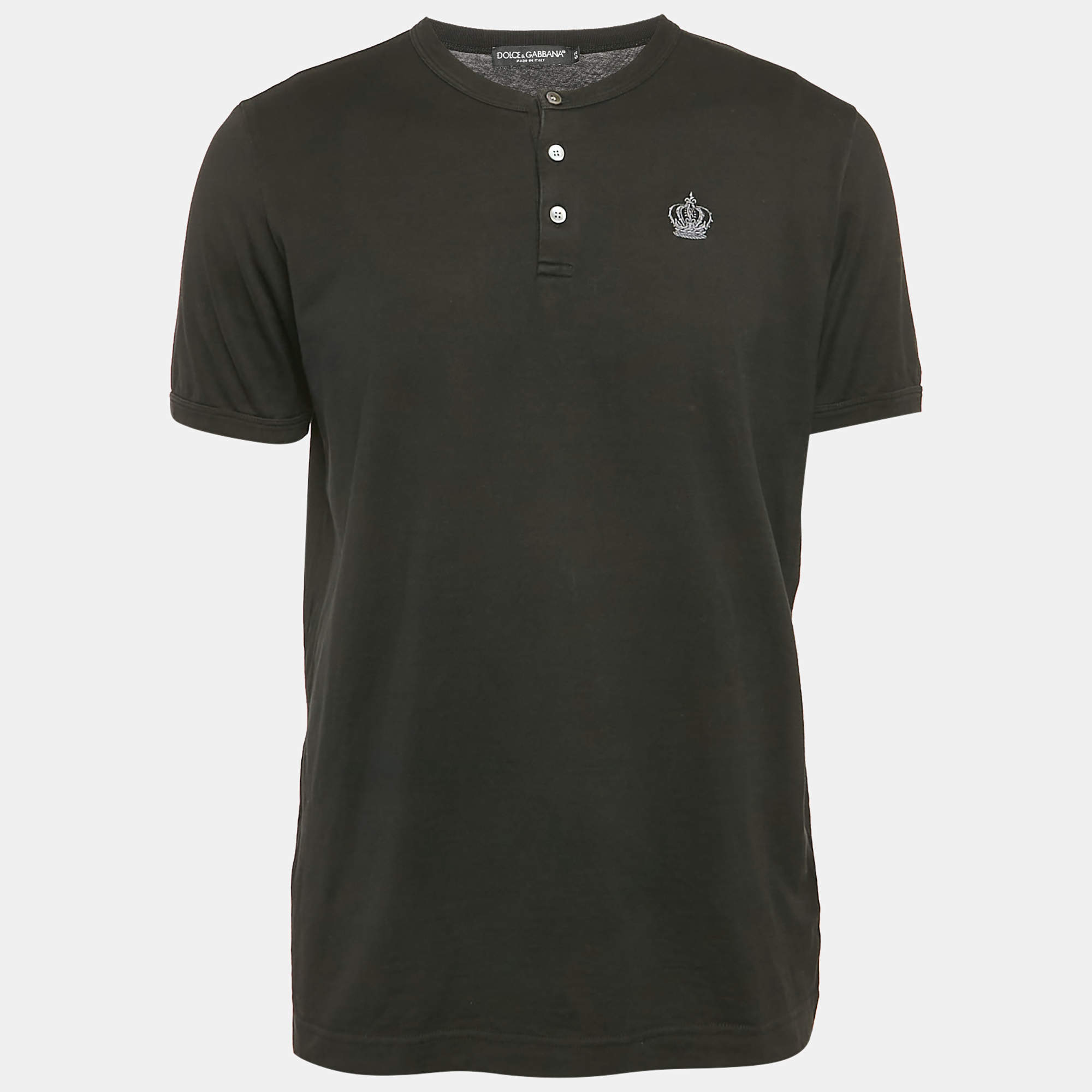 Pre Owned Dolce & Gabbana Black Crown Embroidery Cotton Henley T-Shirt XL