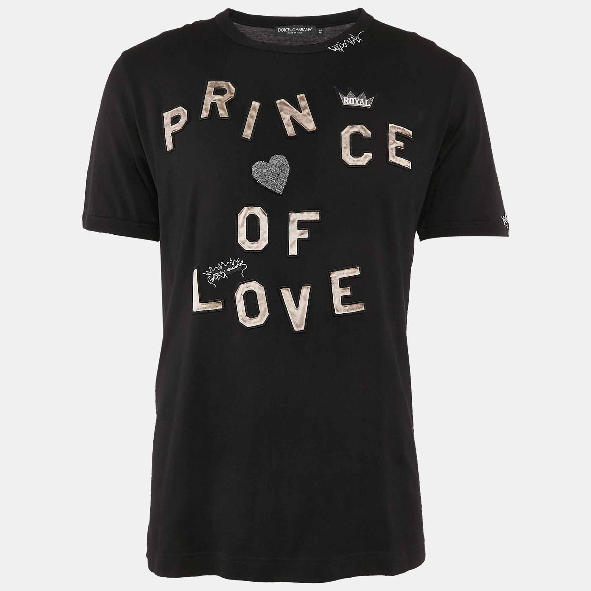 Pre Owned Dolce & Gabbana Black Cotton Applique Detail Crew Neck T-Shirt XL