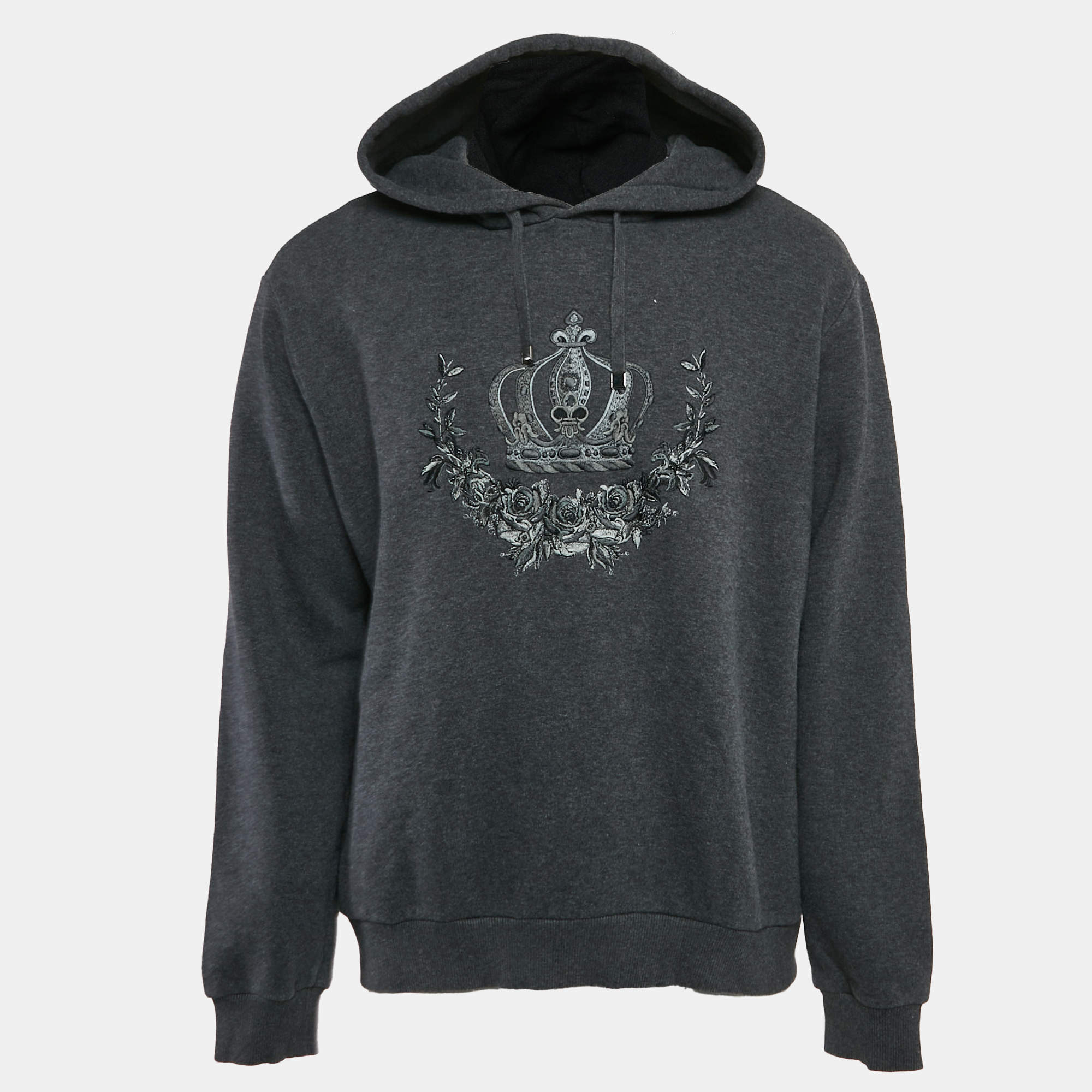 Pre Owned Dolce & Gabbana Grey Crown Embroidered Cotton Hoodie XXL