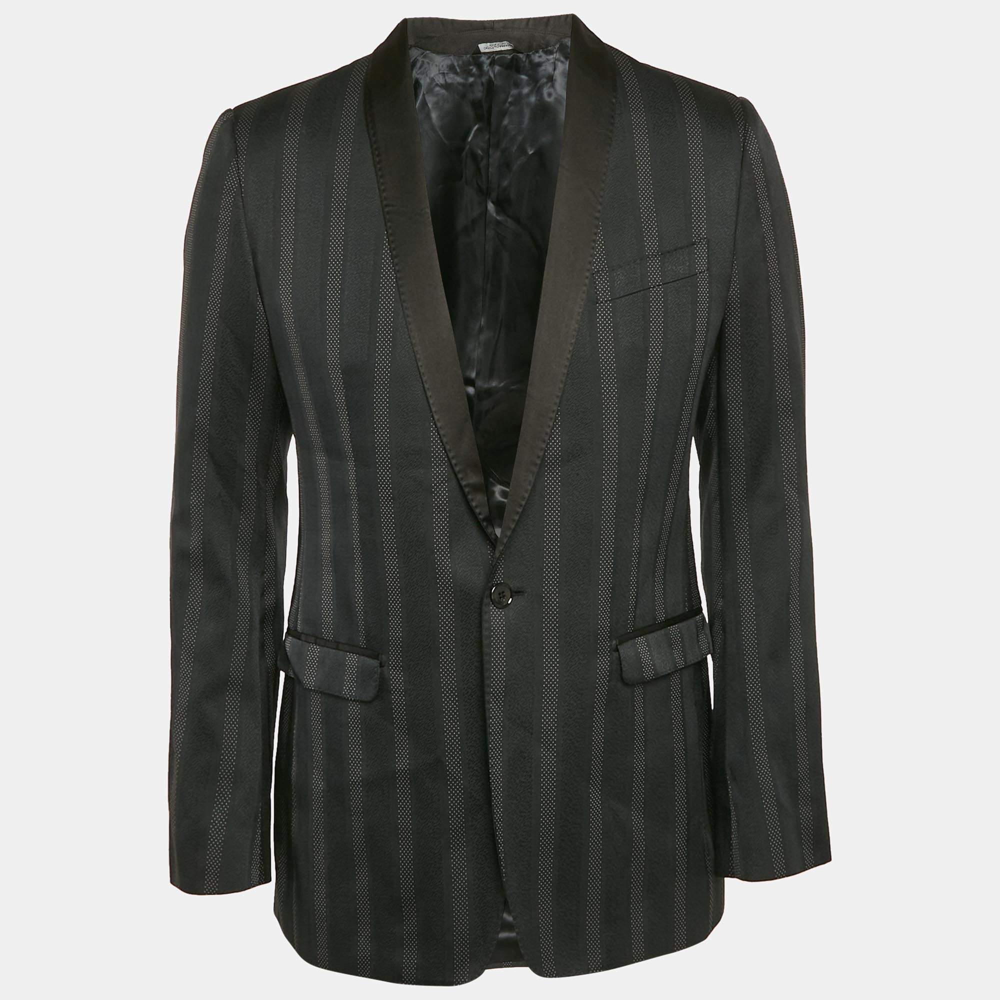 Pre Owned Dolce & Gabbana Black Striped Gabardine Single Breasted Blazer M