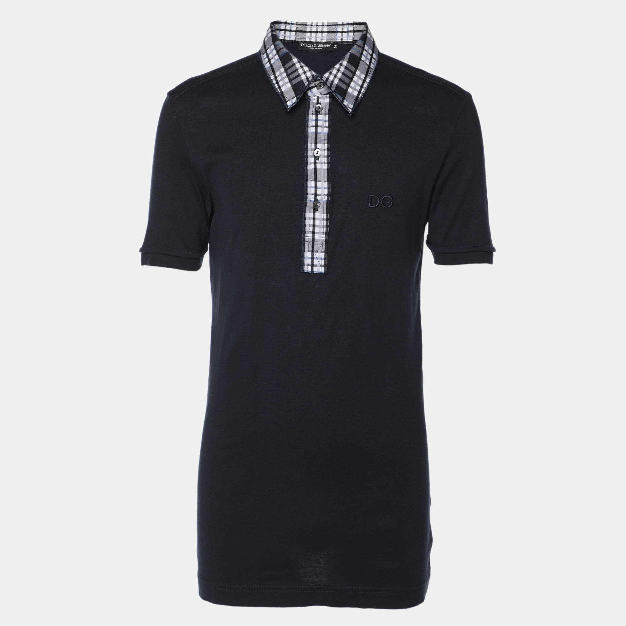 Pre Owned Dolce & Gabbana Navy Blue Cotton Plaid Trim Detail Polo T-Shirt XXL