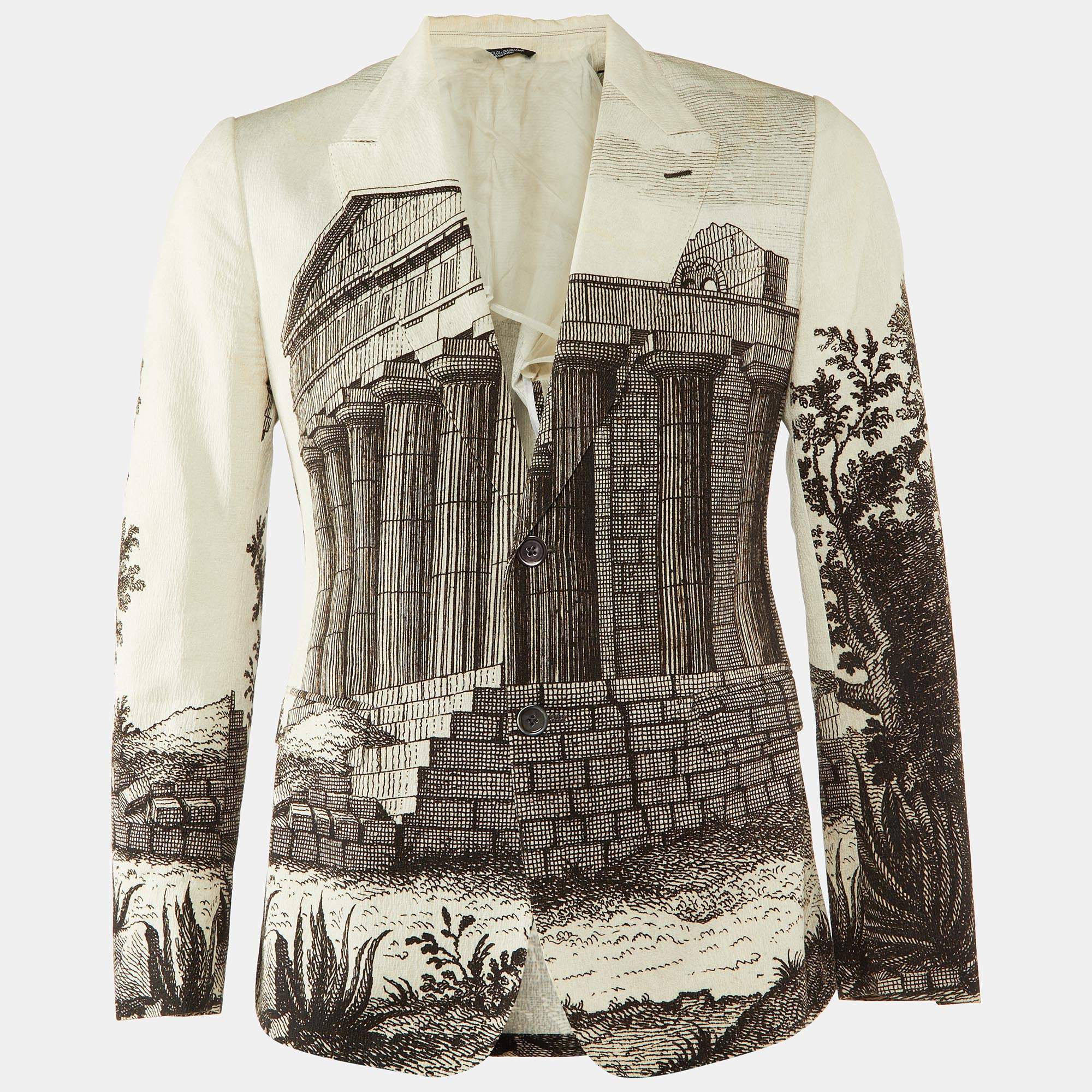 Dolce & Gabbana Cream Printed Cotton Button Front Blazer L