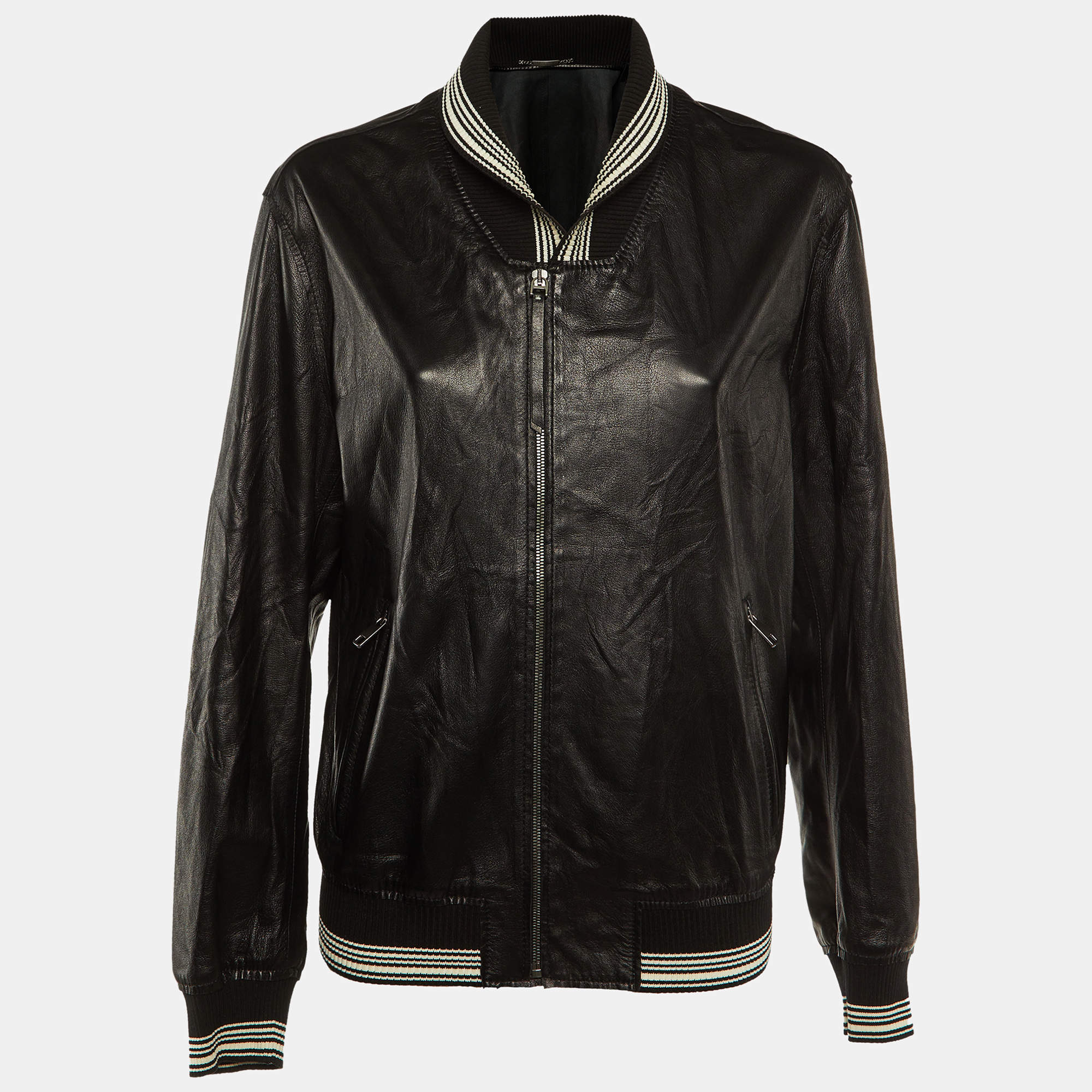 Pre Owned ستر بومبر بتف اصيل محبوكة مخططة من الجلد الأسود دولتشي أند غابانا مقاس كبير جداً