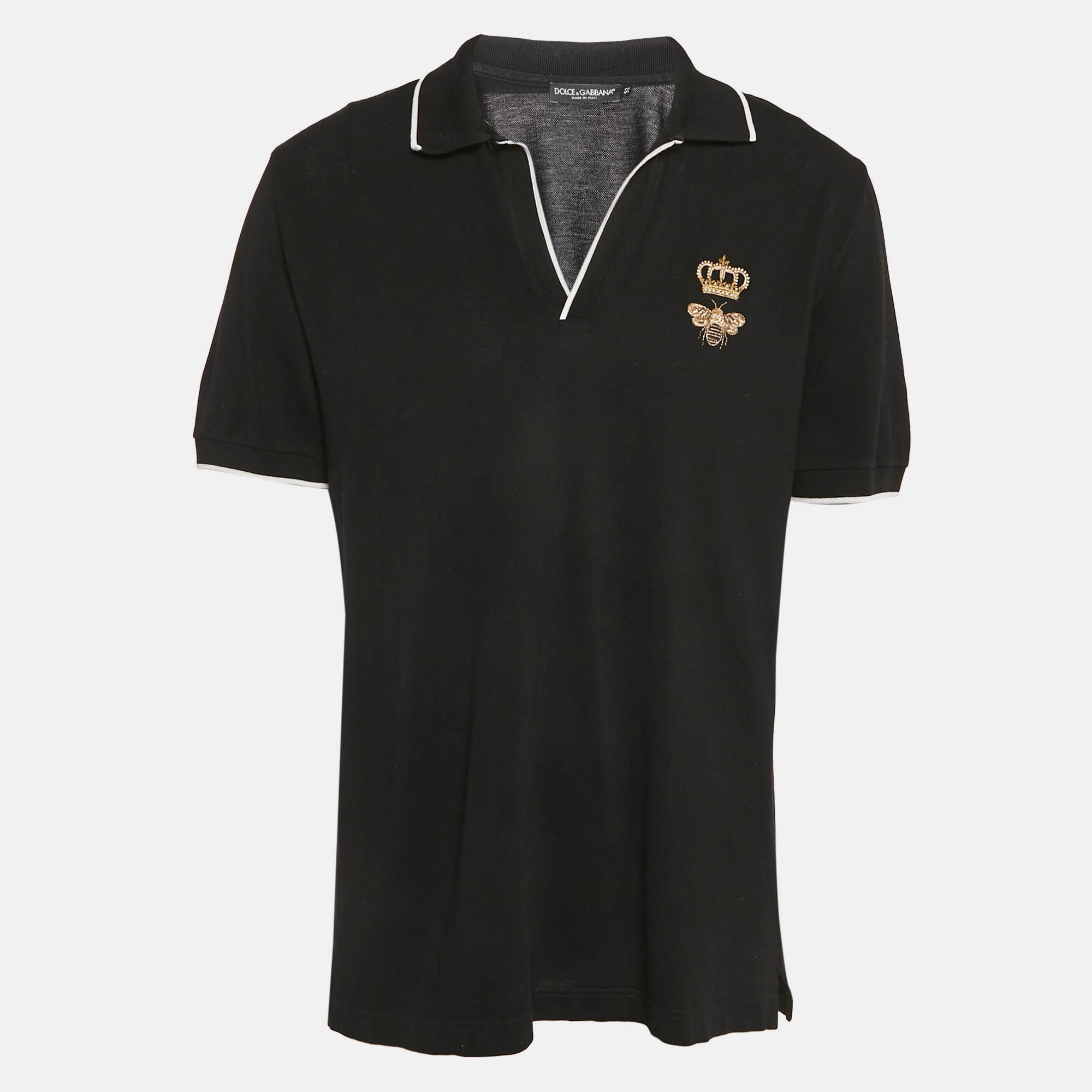 Pre Owned Dolce & Gabbana Black Bee Embroidered Pique Cotton Polo T-Shirt XL