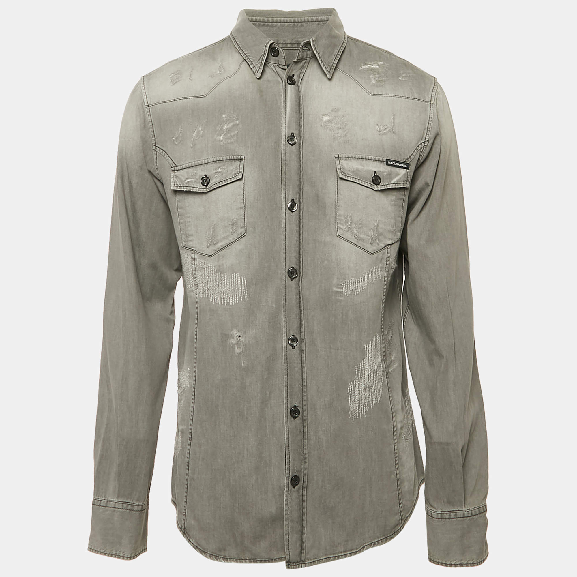 Dolce & Gabbana Grey Distressed Denim Gold Shirt XXL