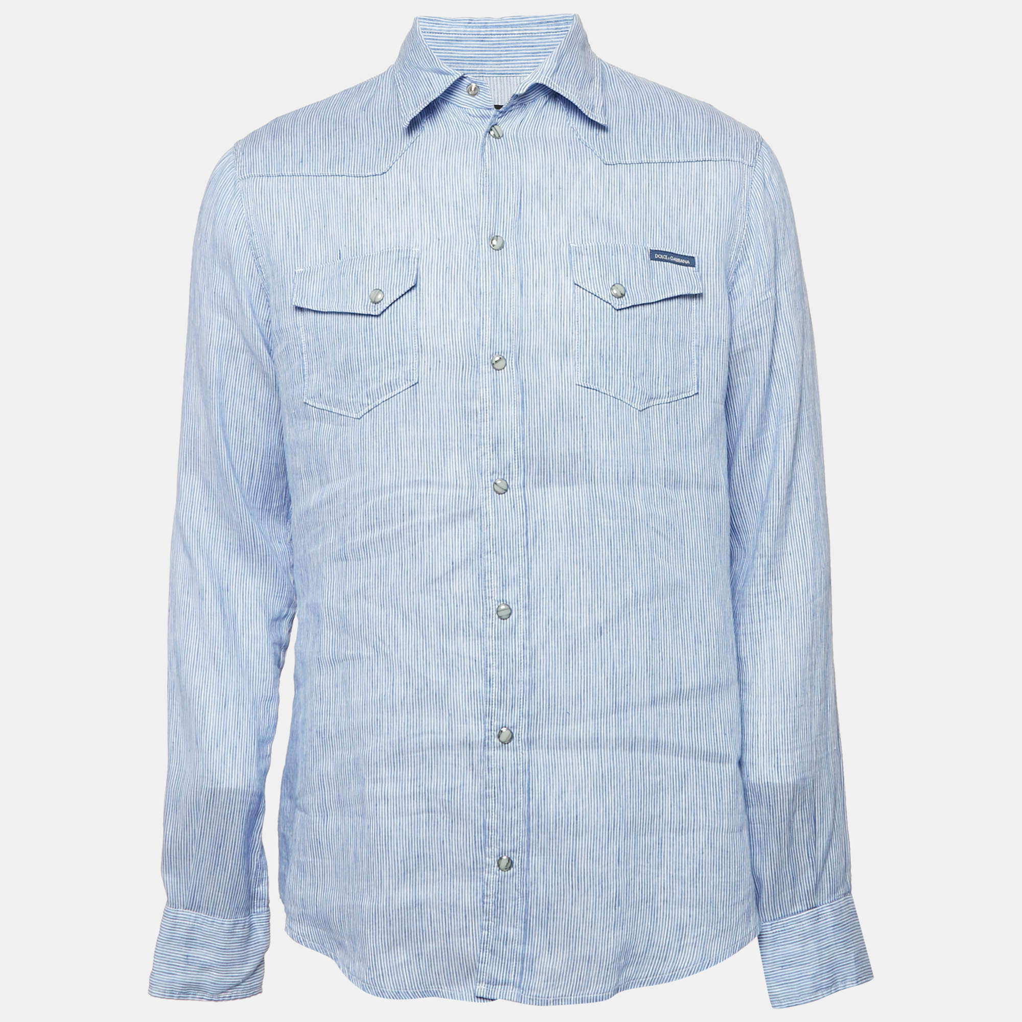 Pre Owned Dolce & Gabbana Blue Striped Linen Blend Slim Fit Shirt XL