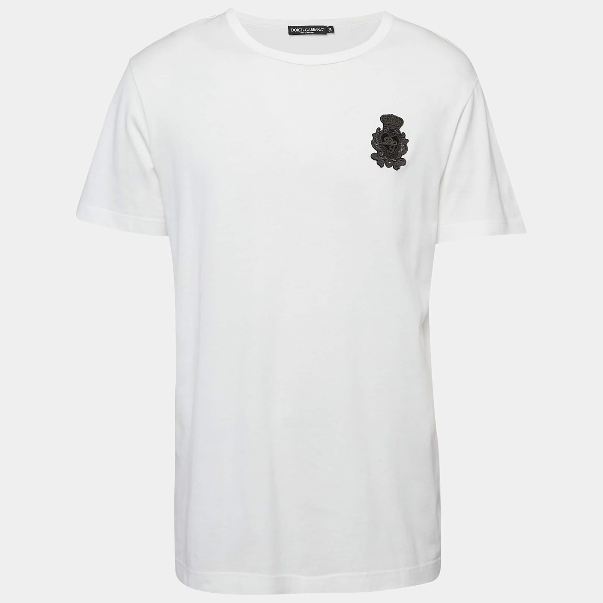 Dolce & Gabbana White Cotton Heraldic Applique Detail T-Shirt XXL
