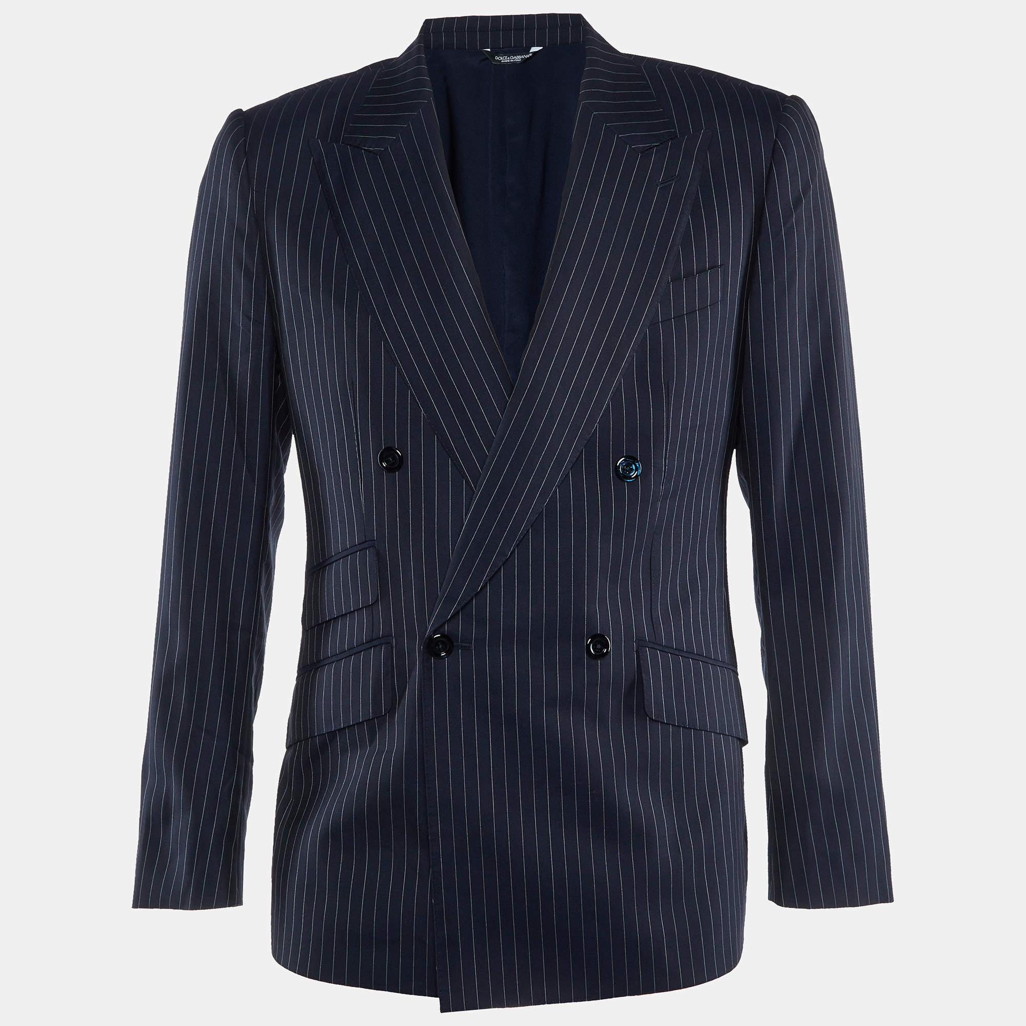 Dolce & Gabbana Navy Blue Striped Wool & Silk Blazer M