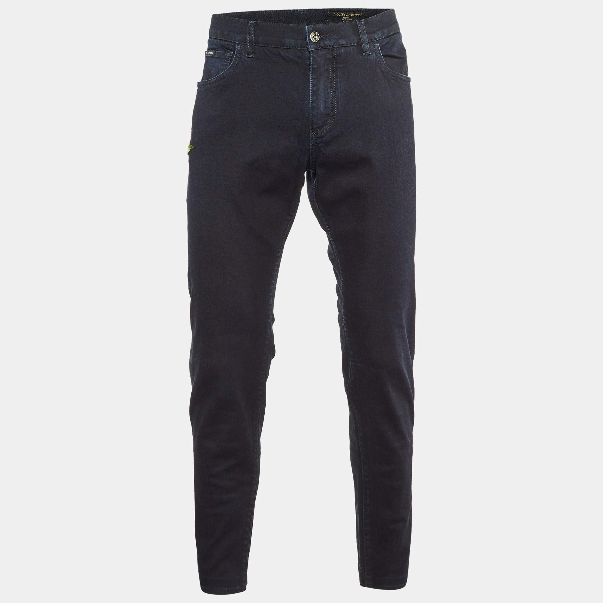 Dolce & Gabbana Dark Blue Denim Floral Detail Slim Fit Jeans L/Waist 35.5"
