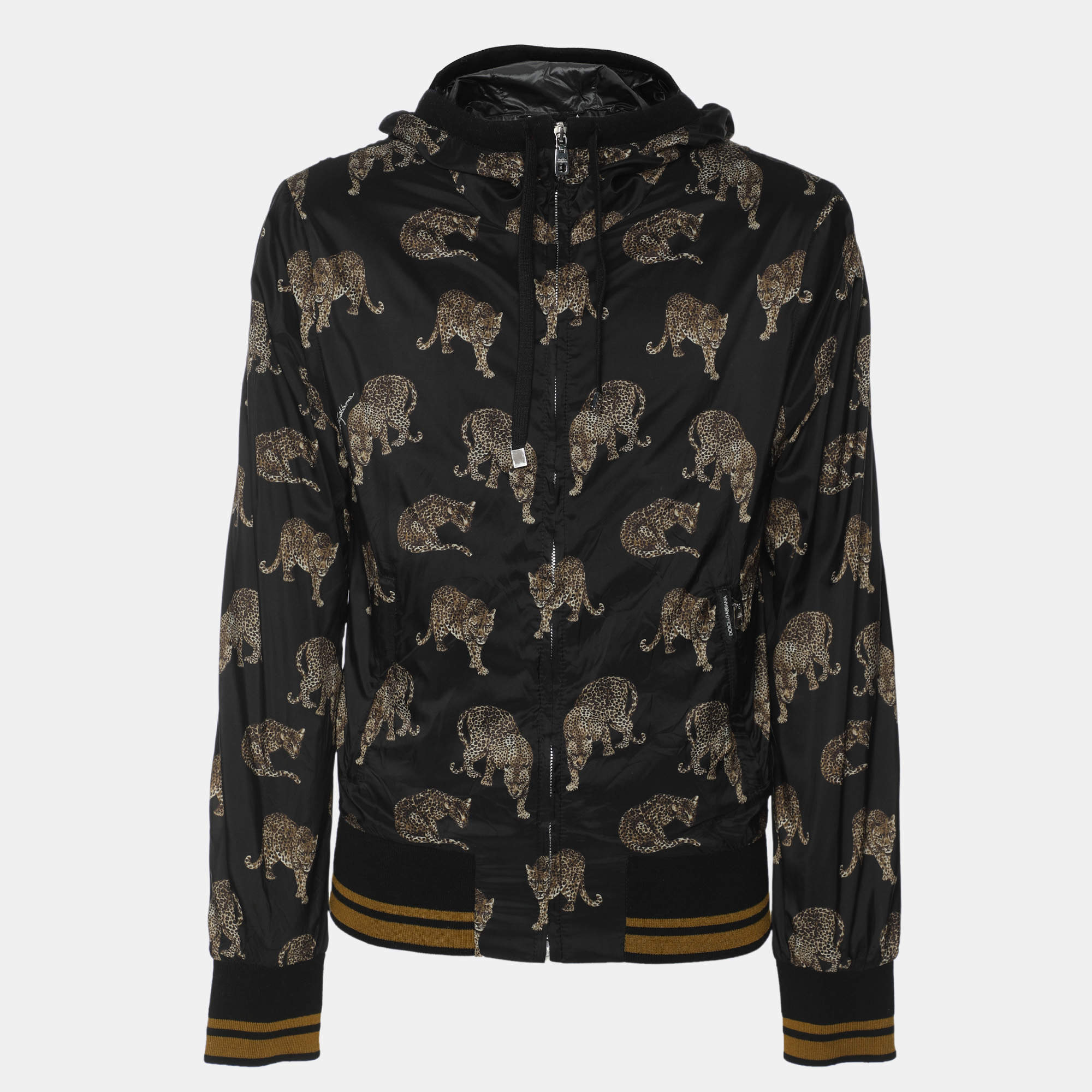 Dolce & Gabbana Black Leopard Print Nylon Zip-UP Hoodie XS