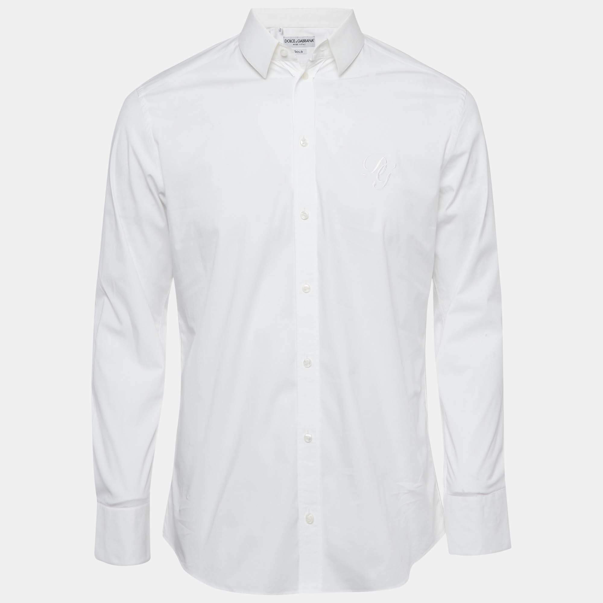 Dolce & Gabbana Gold White Cotton Long Sleeve Button Front Shirt L