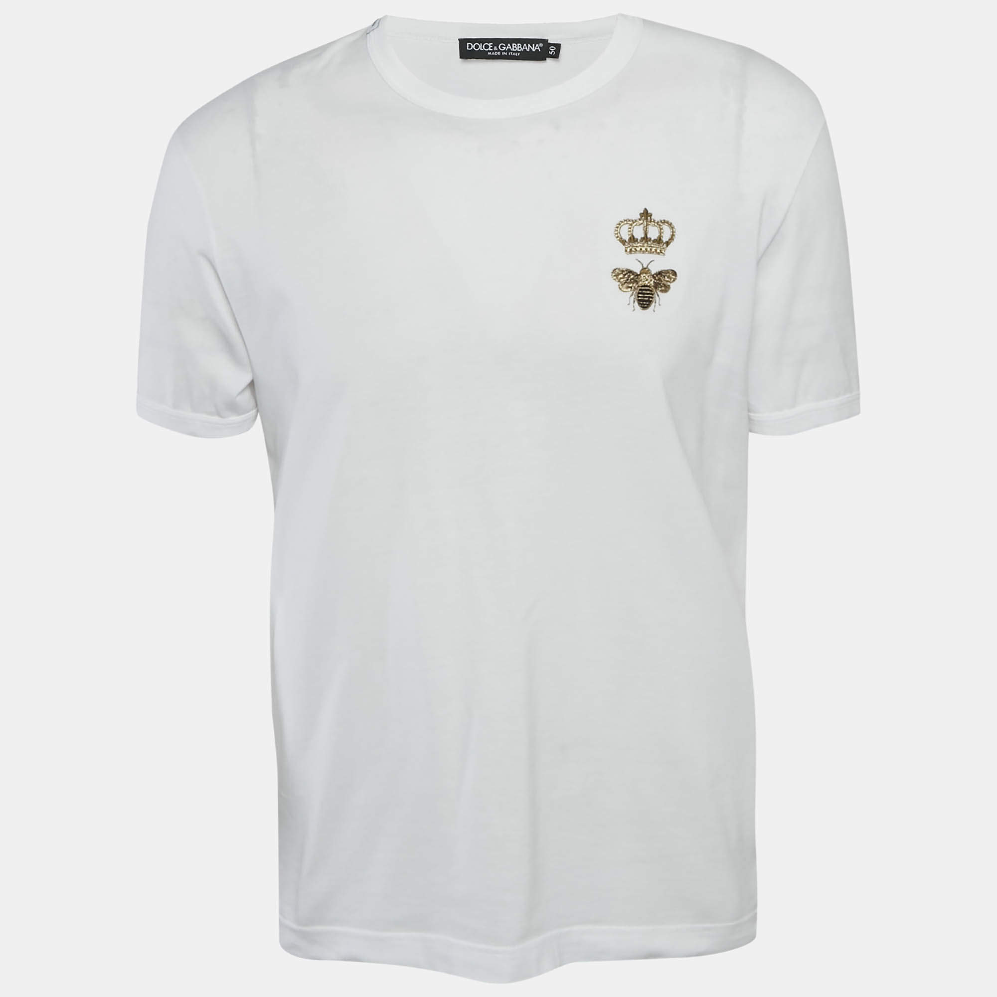 Pre Owned Dolce & Gabbana White Crown & Bee Embroidered Cotton T-Shirt L