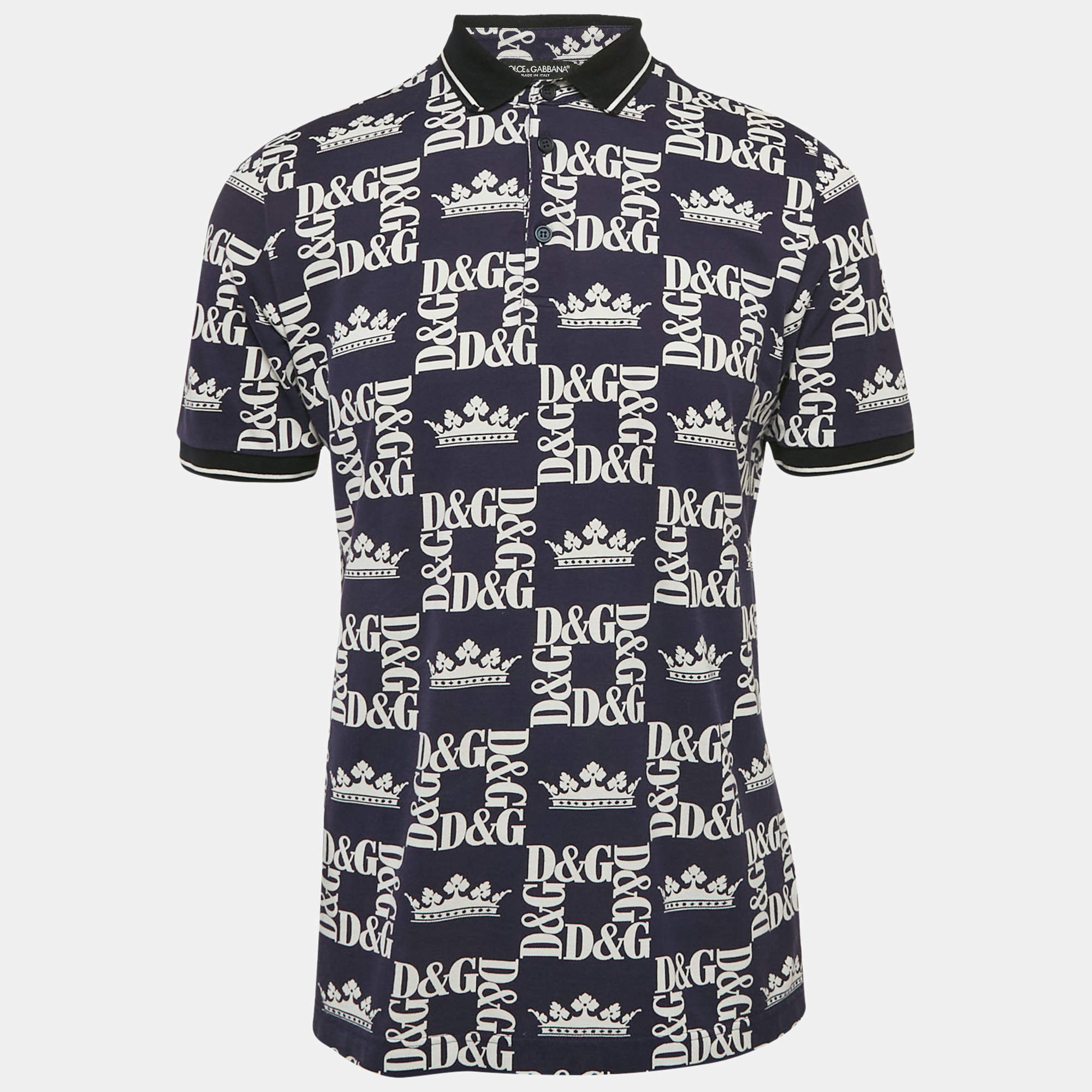 Dolce & Gabbana Navy Blue D&G Print Cotton Polo T-Shirt L