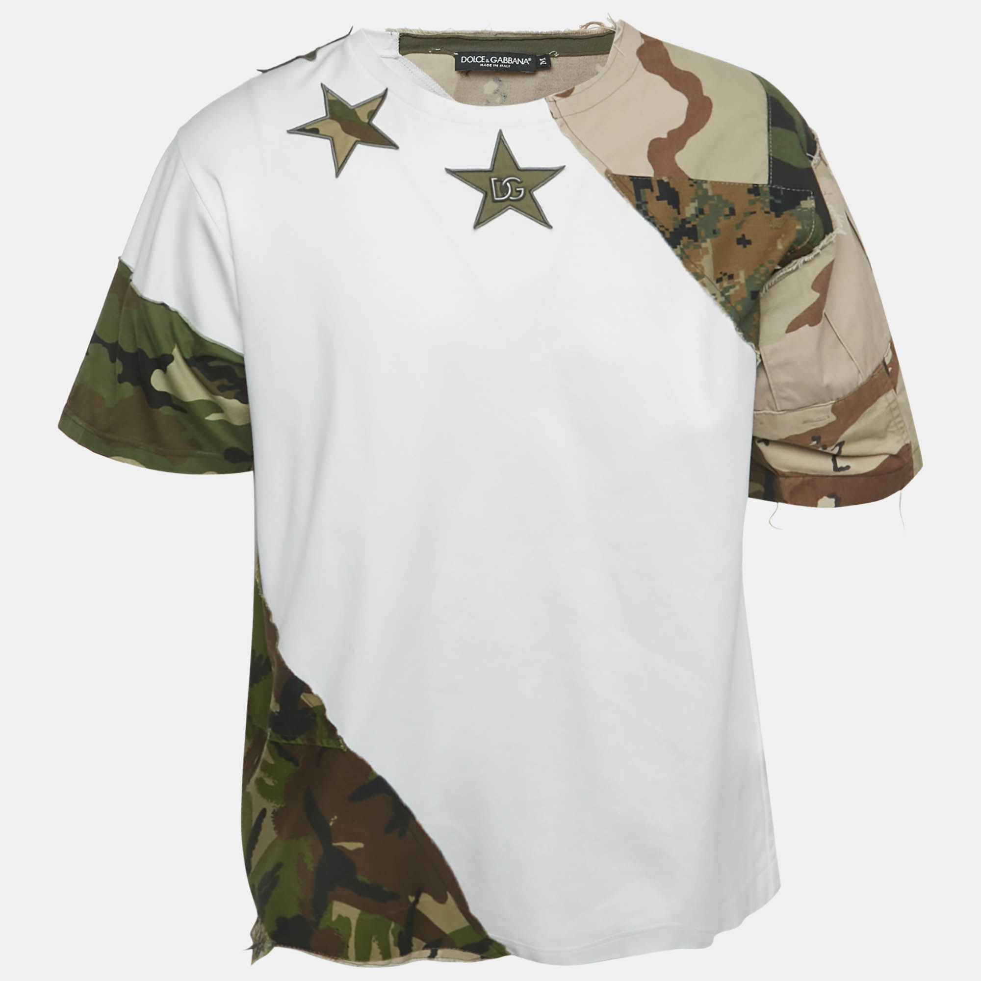 Dolce & Gabbana White Cotton Knit Camouflage Panelled T-Shirt M