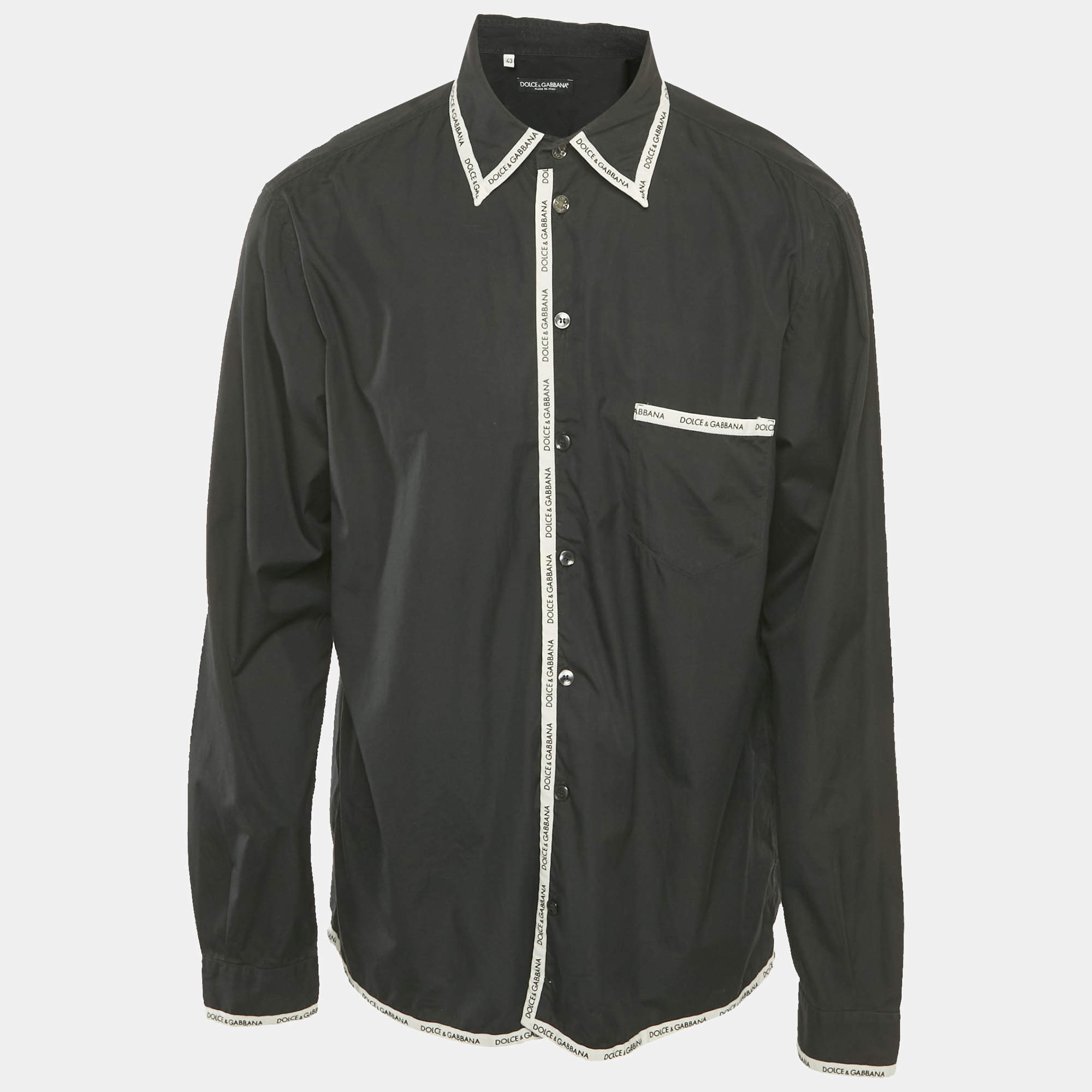 Pre Owned Dolce & Gabbana Black Cotton Logo Trimmed Button Front Shirt XXL