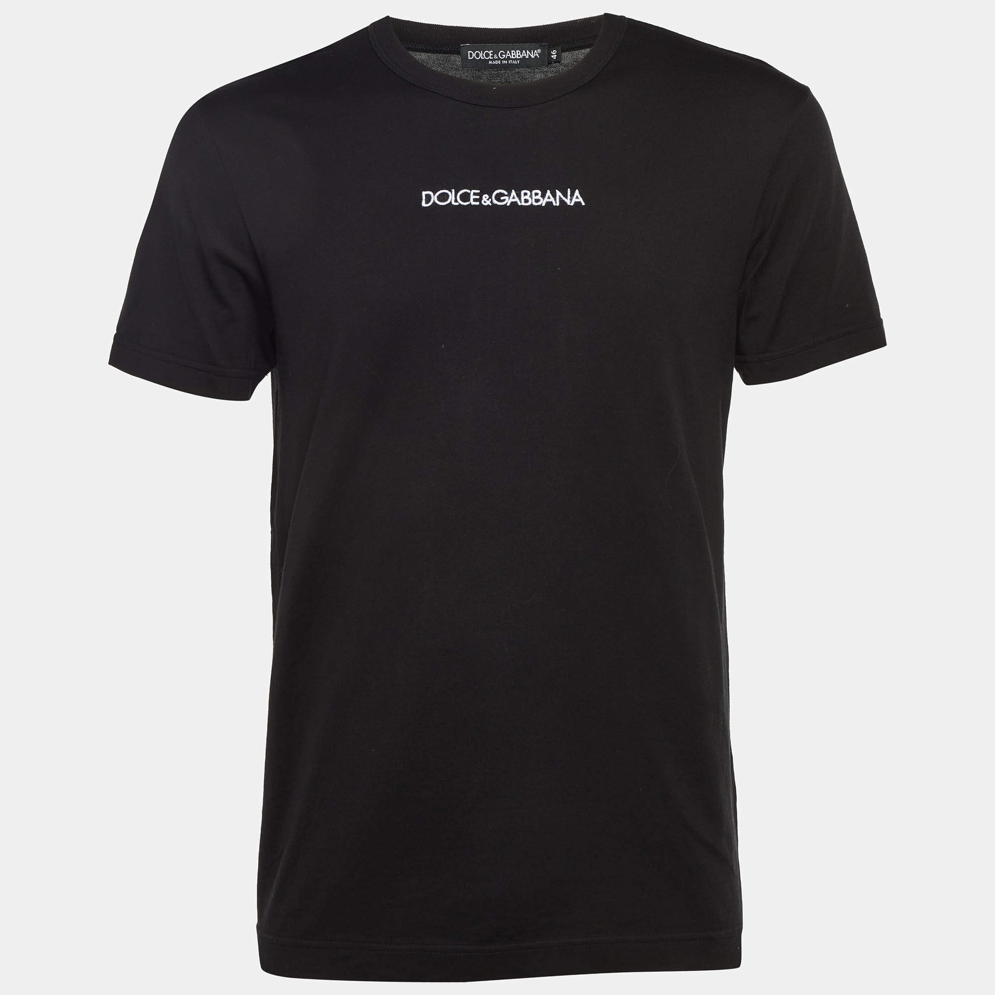 Pre Owned Dolce & Gabbana Black Logo Embroidered Cotton Crew Neck T-Shirt S