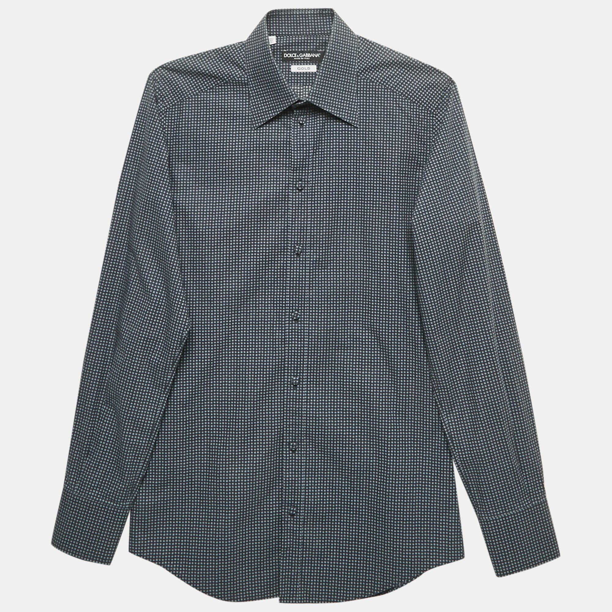 Pre Owned Dolce & Gabbana Gold Blue Printed Cotton Long Sleeve Shirt XS