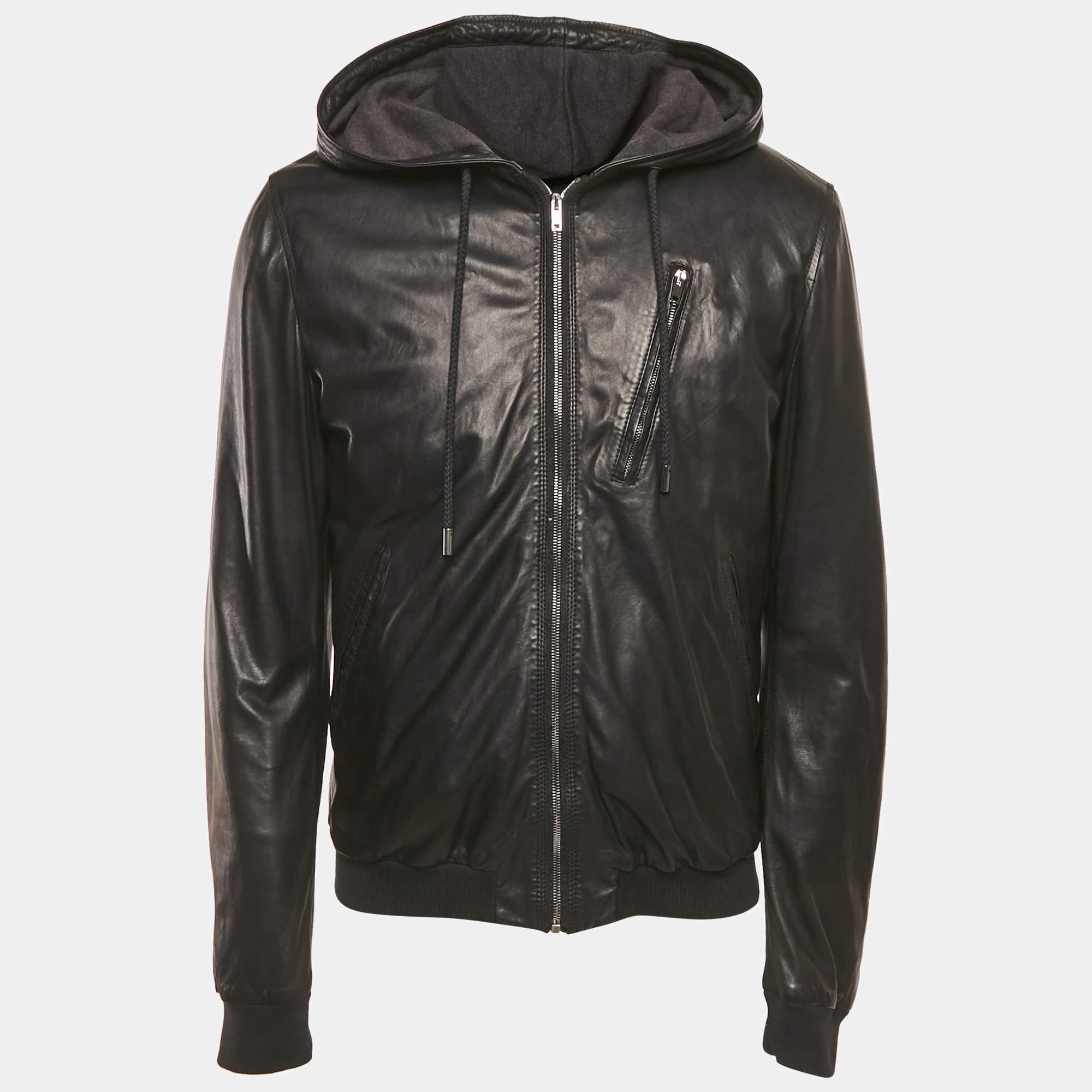 Pre Owned Dolce & Gabbana Black Leather Hooded Jacket XL