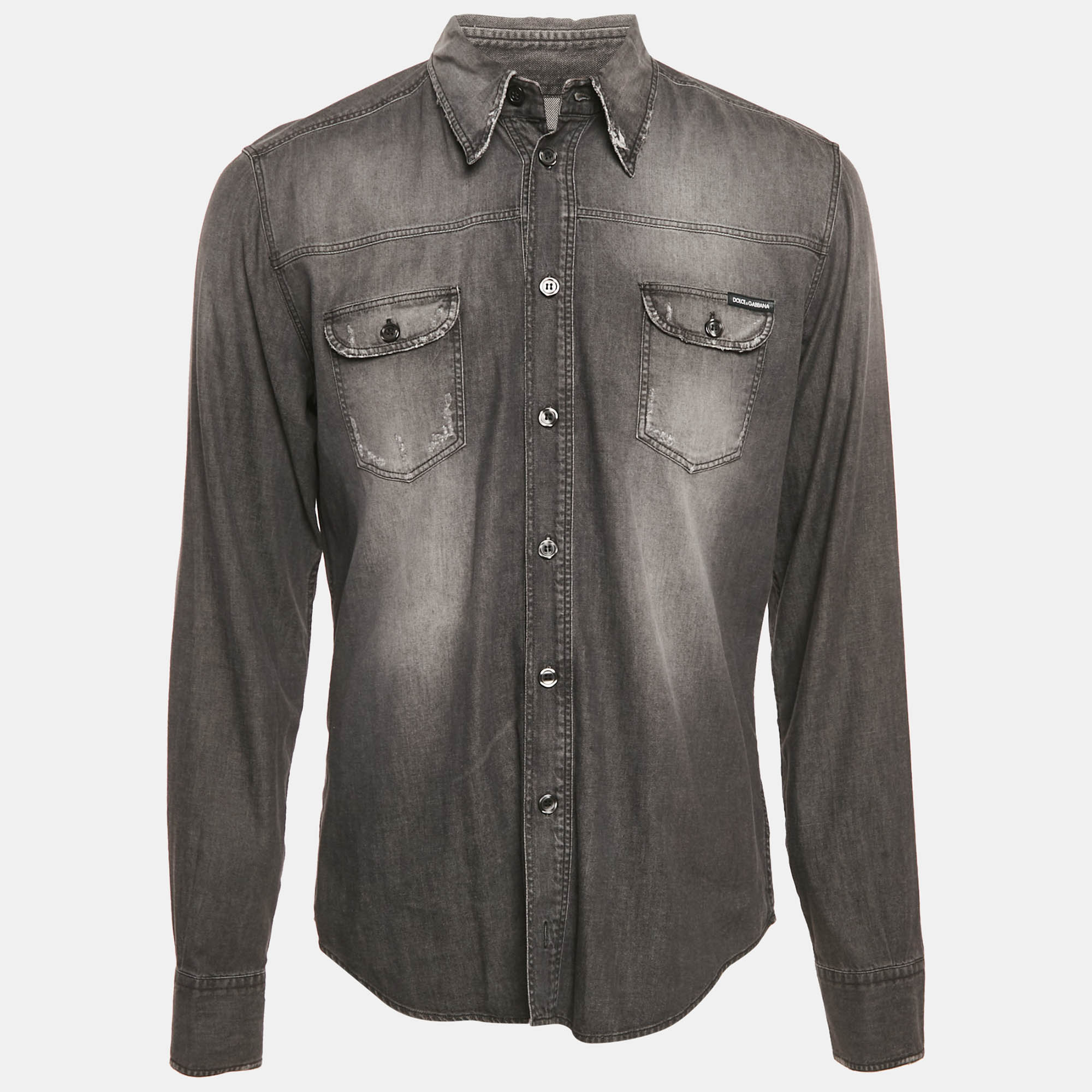 Pre Owned Dolce & Gabbana Grey Distressed Denim Long Sleeve Shirt L
