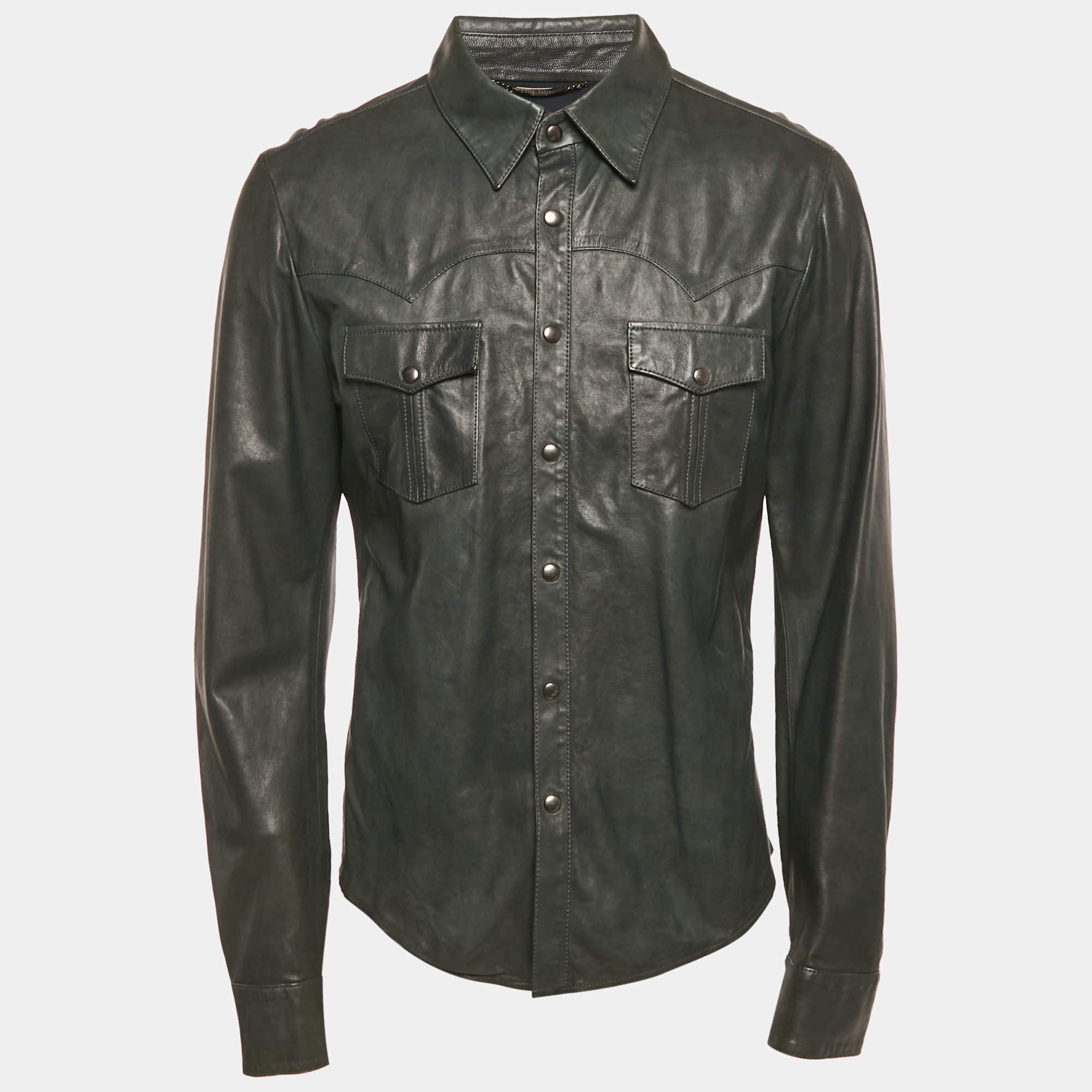 Pre Owned Dolce & Gabbana Green Real Leather Button Front Shirt XL