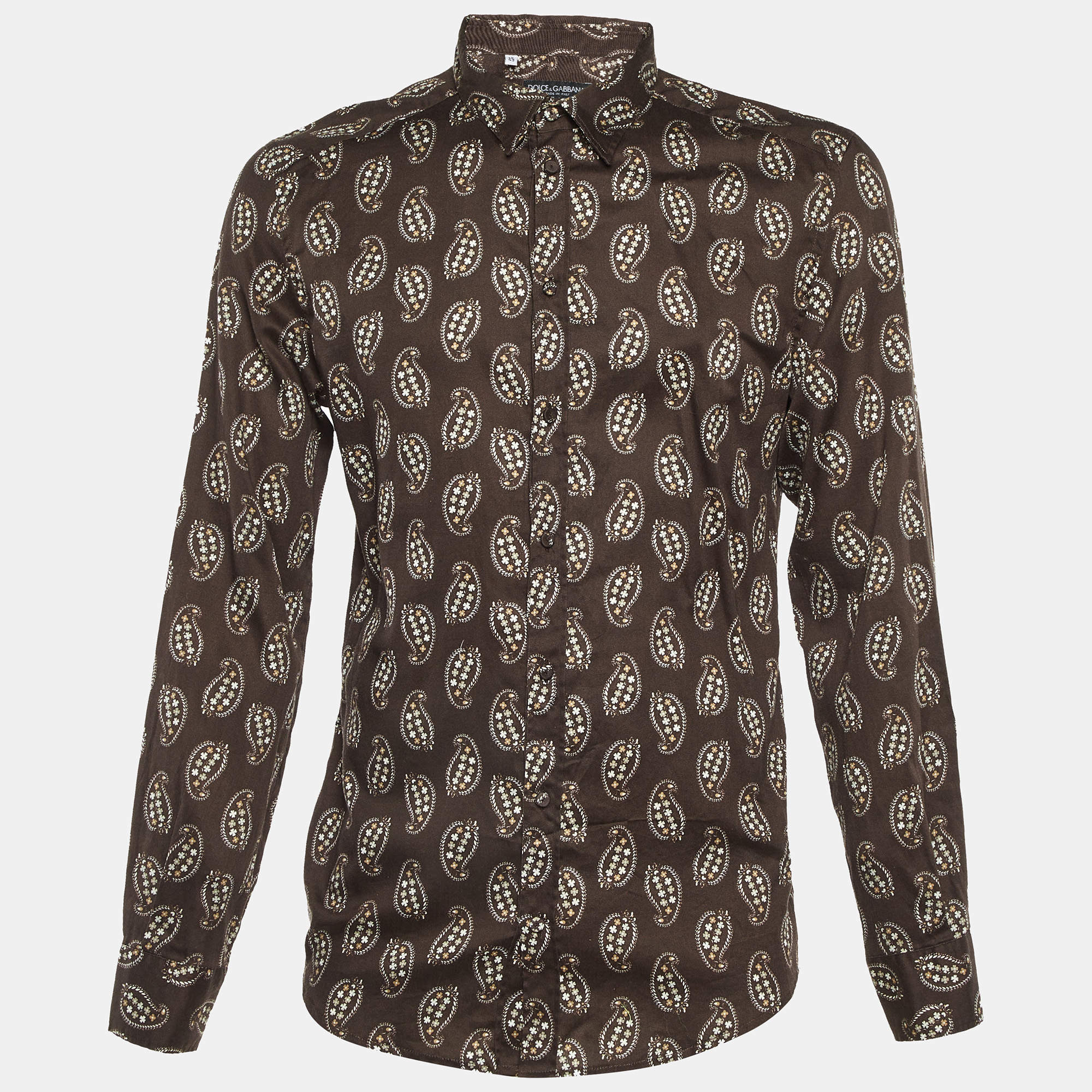 مملوكة مسبقًا قميص دولتشي أند غابانا بطباعة بني قطن بأزرار أمامية مقاس كبير جداً جداً (إكس إكس لارج)