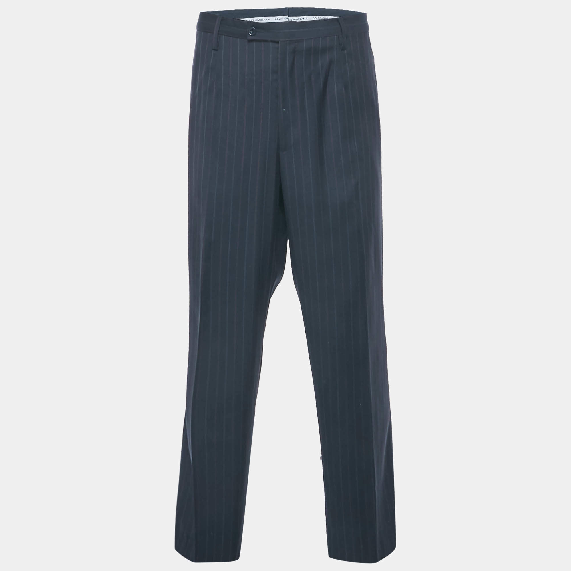 مملوكة مسبقًا Dolce & Gabbana Navy Blue Striped Wool Formal Trousers XXXL