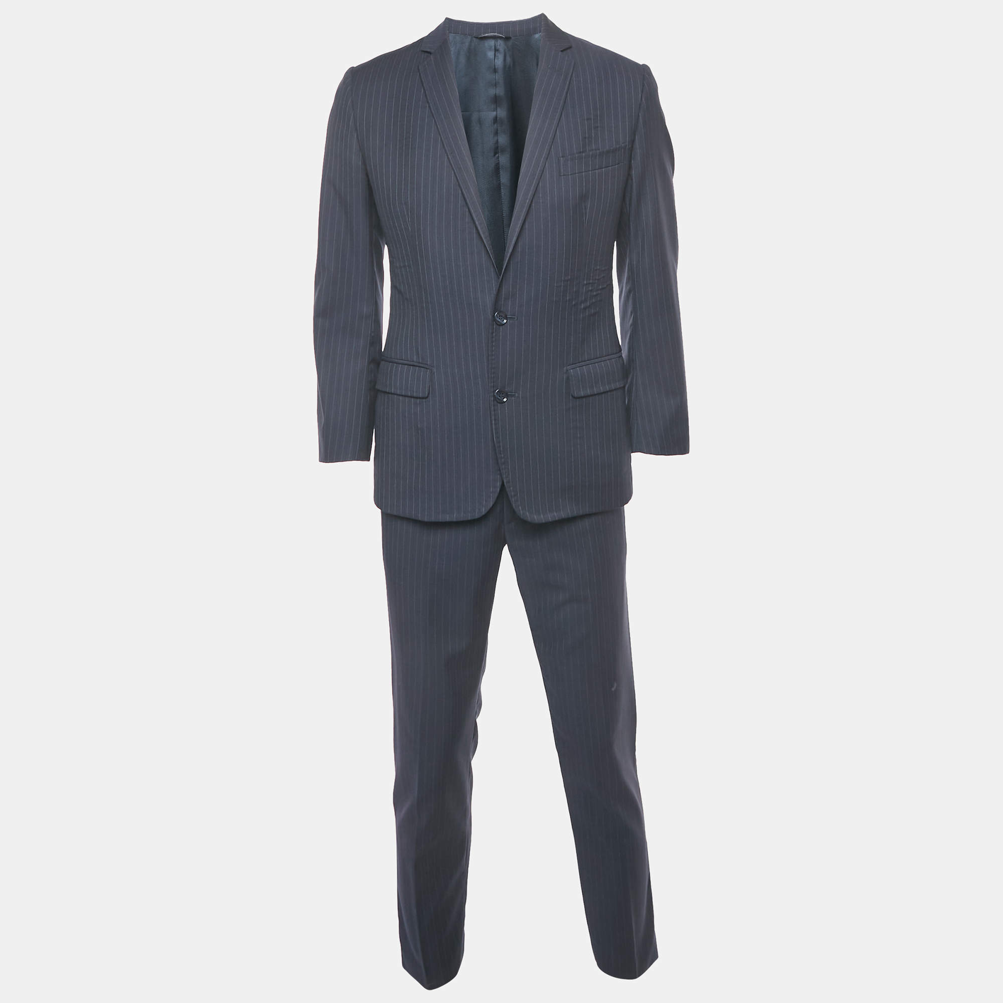 Pre Owned Dolce & Gabbana Navy Blue Striped Wool Single Breasted Suit M