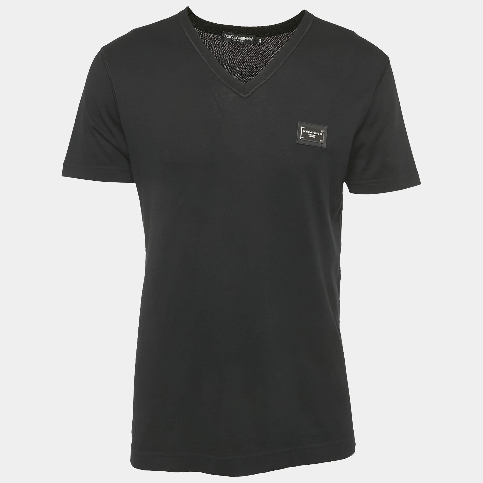 Pre Owned Dolce & Gabbana Black Cotton Logo Plaque Detail V-Neck T-Shirt M